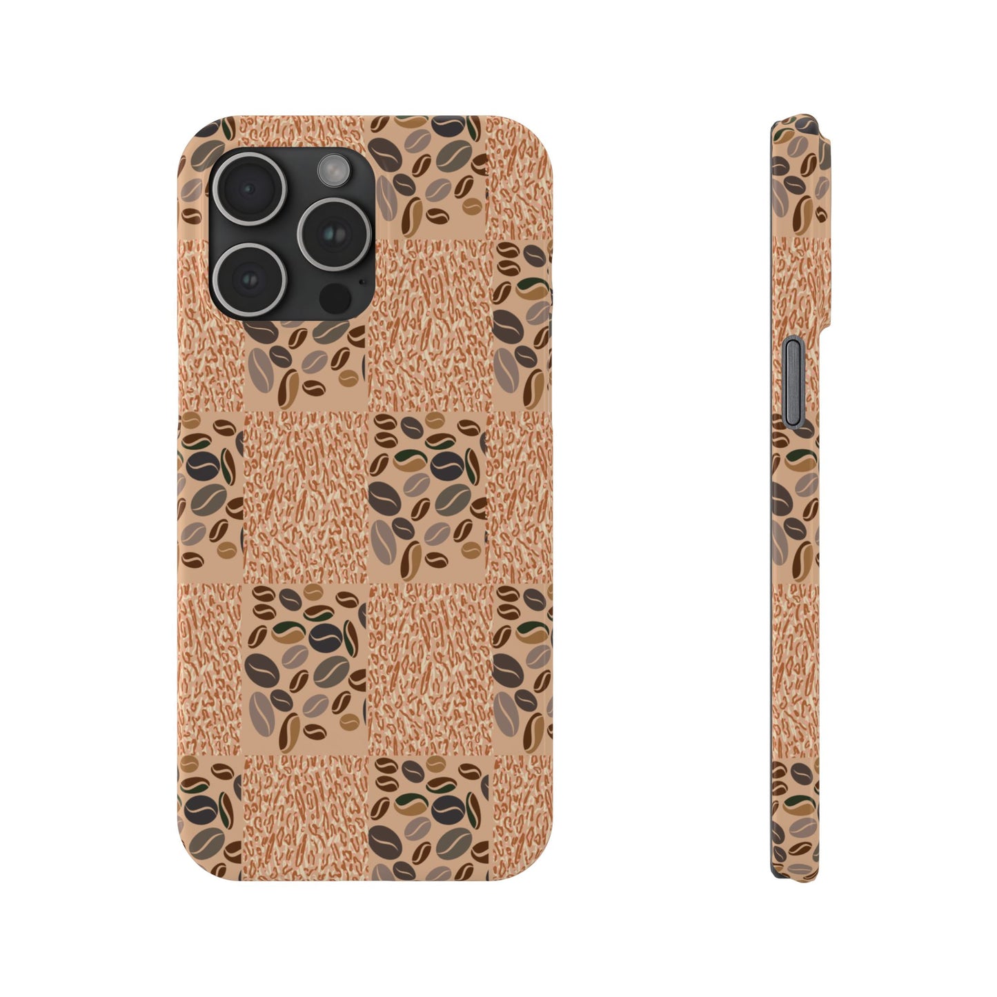 A mobile phone case with a geometric pattern featuring coffee beans on a beige background, designed for iPhone 15 pro max series models.