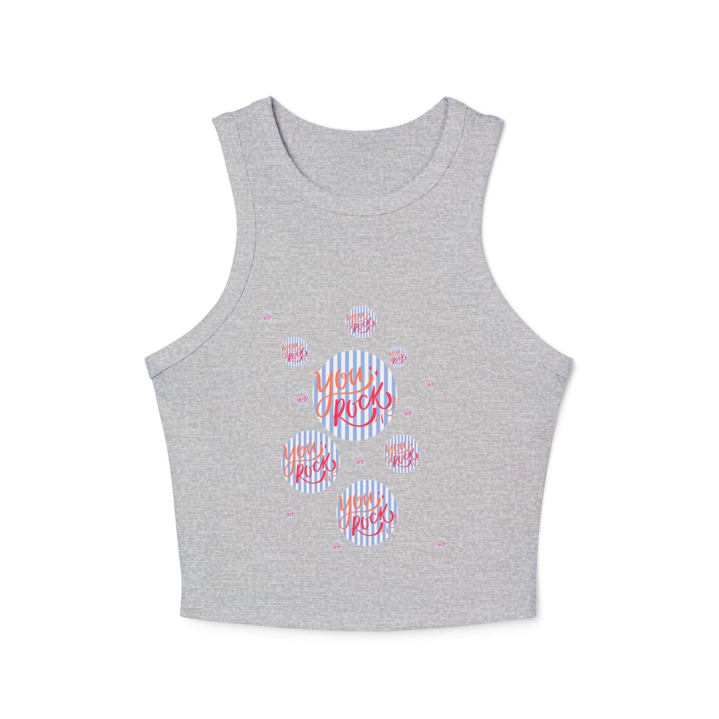 women's micro rib racer back top with the phrase you rock printed in bold and stylish font on the front