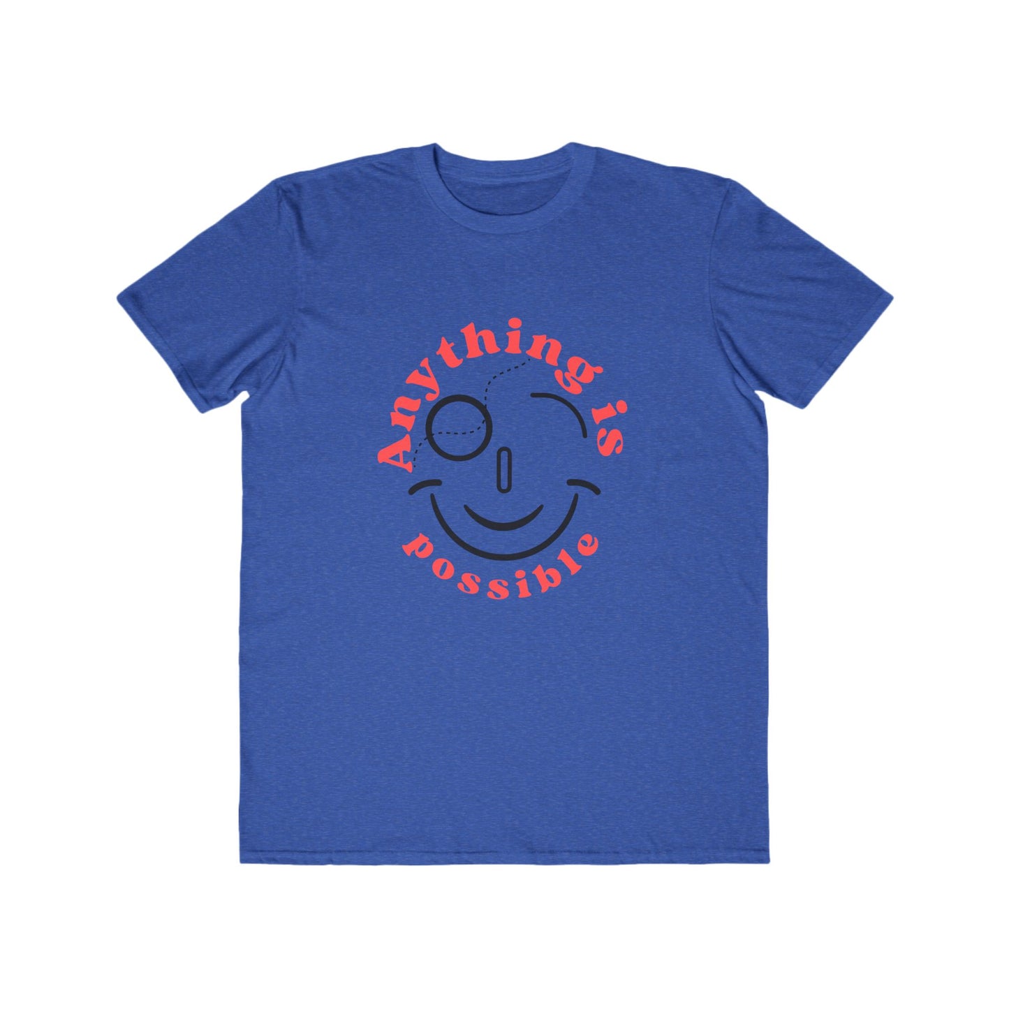 Blue t-shirt with a smiley face and 'Anything is possible' text on a white background