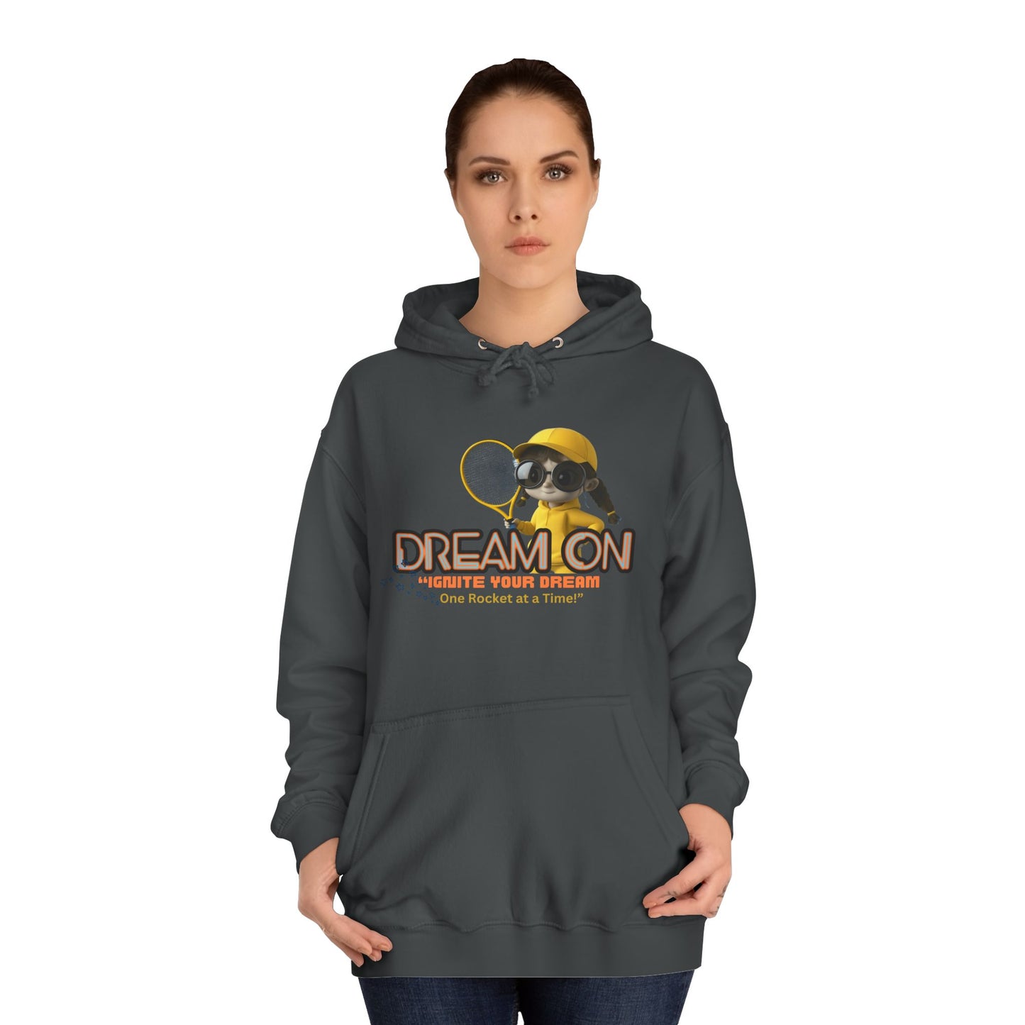 Person wearing a dark gray hoodie with a graphic design