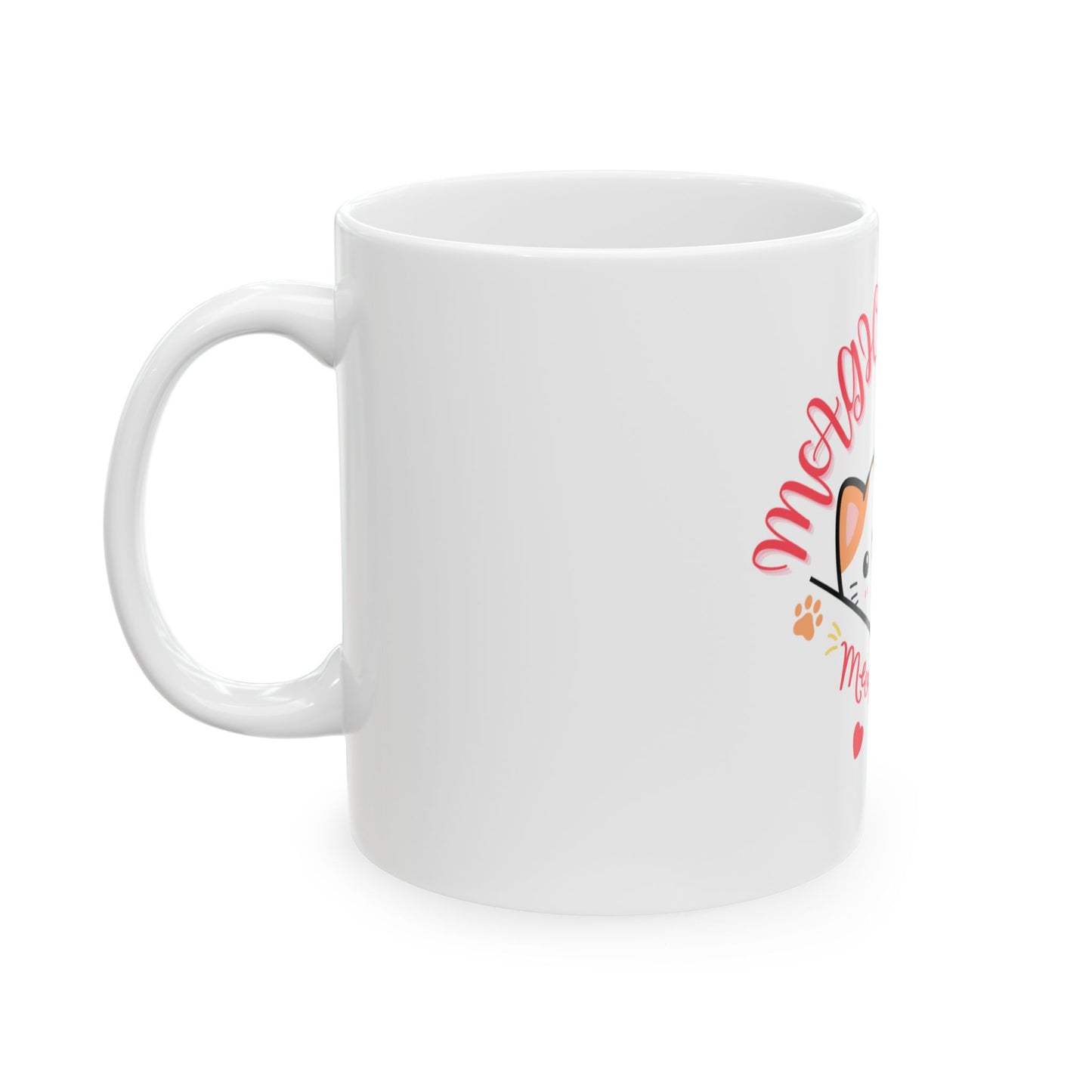 White mug with a cat design and text on a white background