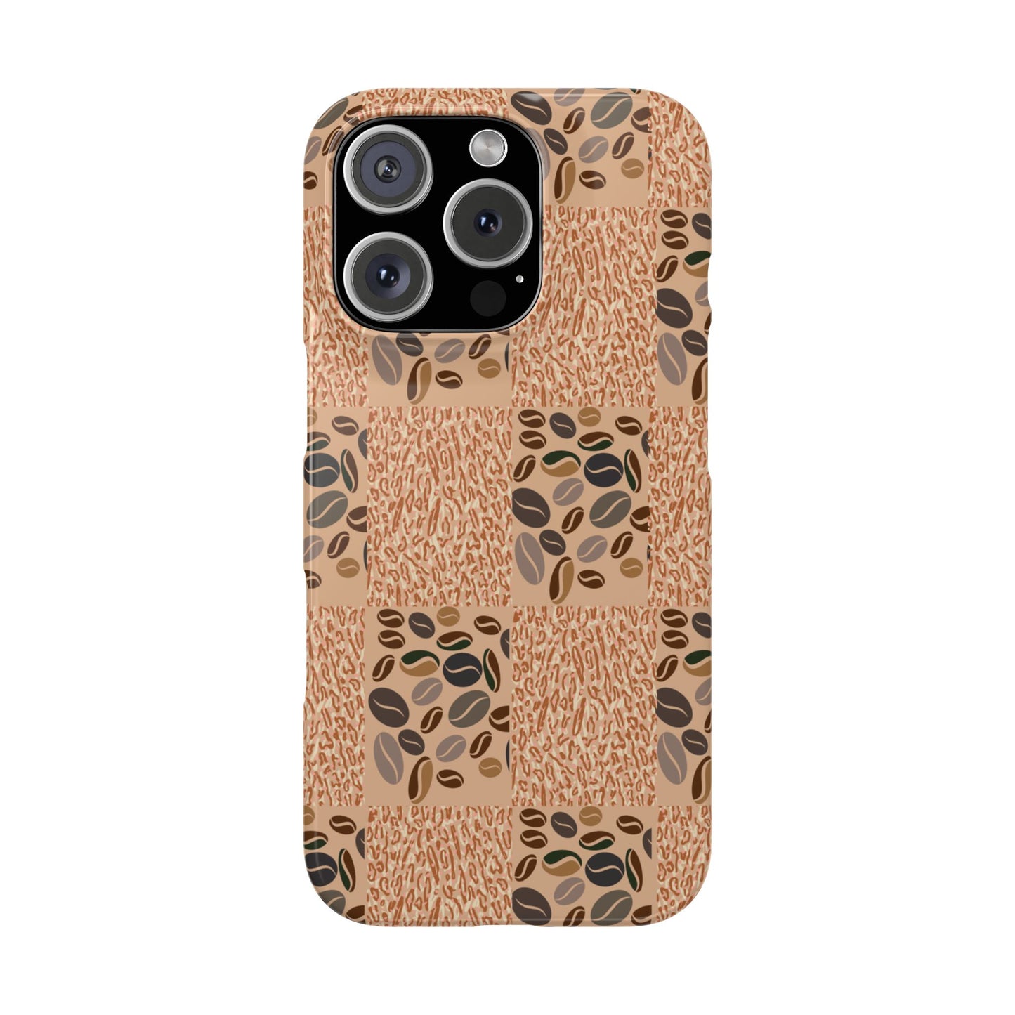 A mobile phone case with a geometric pattern featuring coffee beans on a beige background, designed for iPhone 14 pro series models.