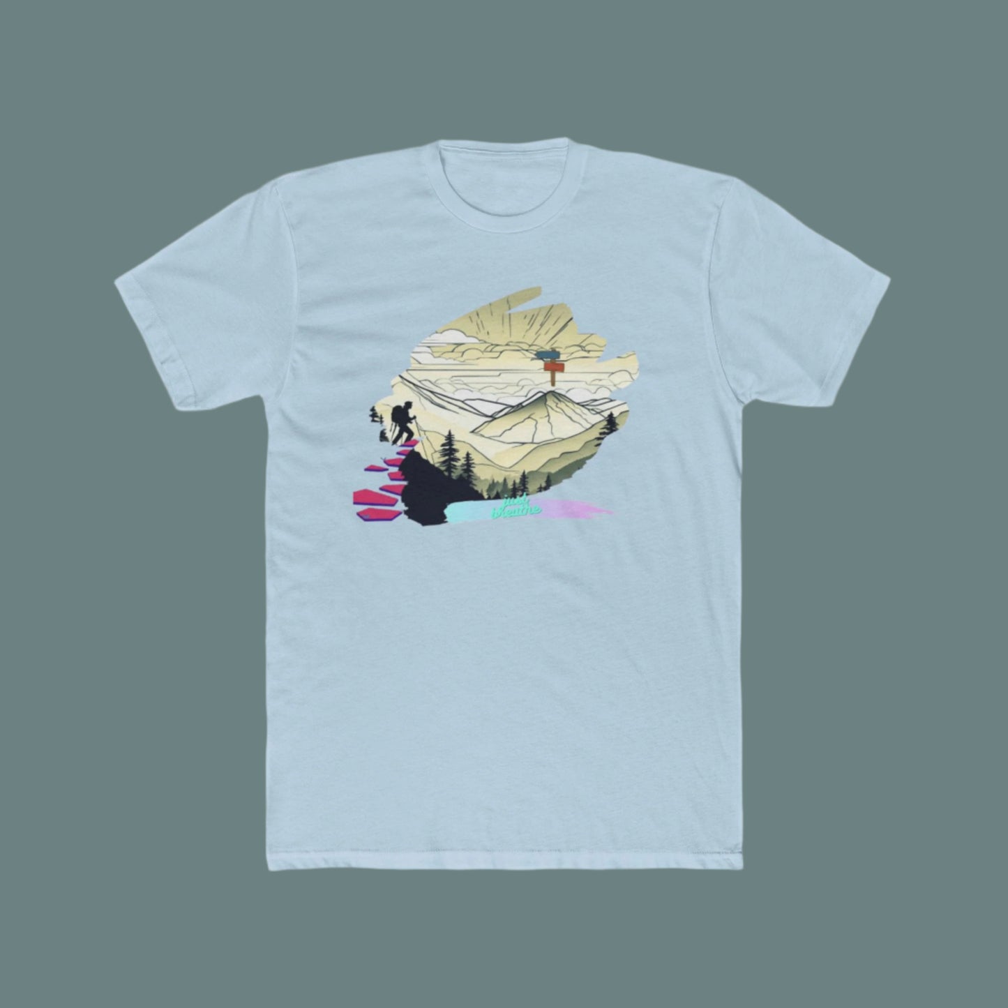 Unisex model wearing solid light blue cotton crew neck t-shirt