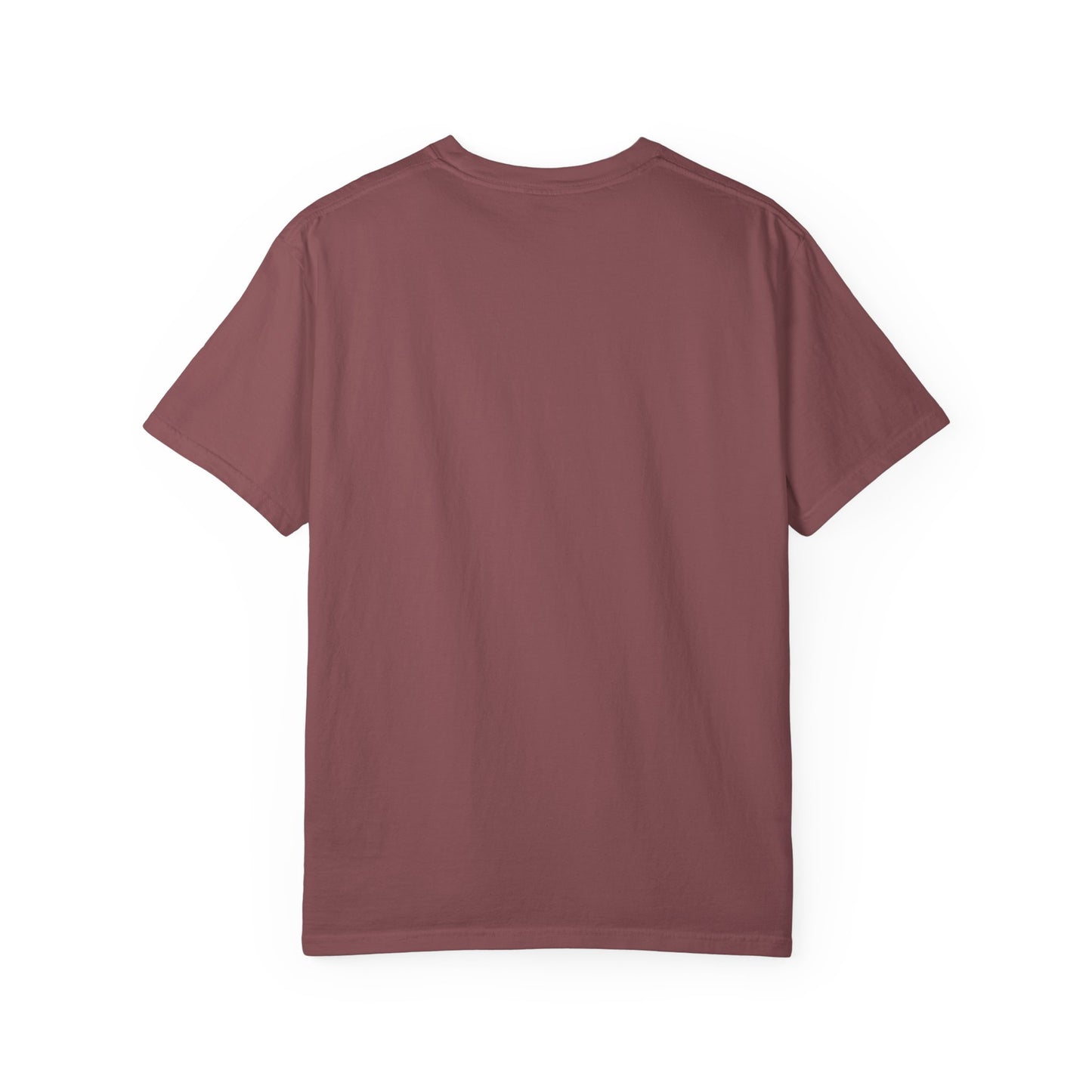Rear view of plain back side garment-dyed t-shirt
