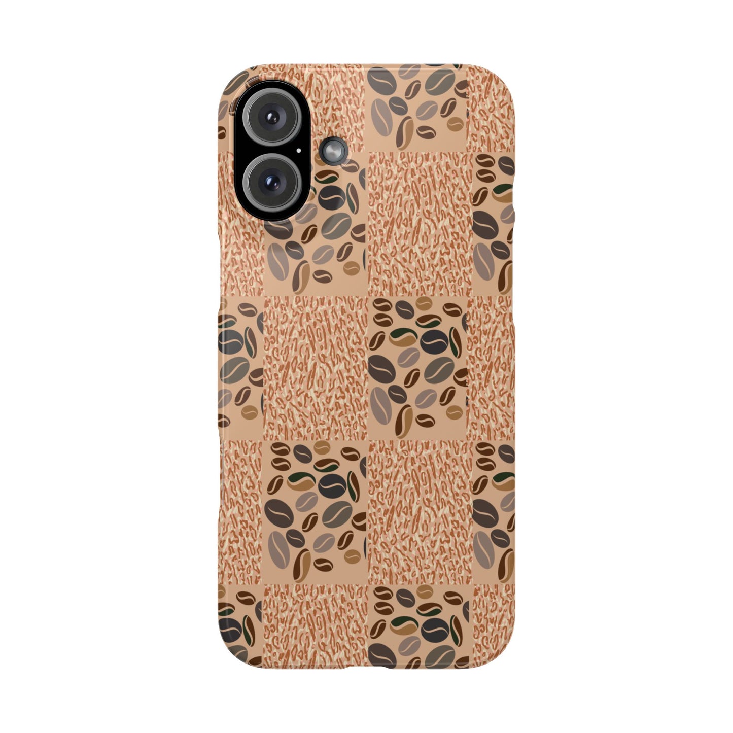 A mobile phone case with a geometric pattern featuring coffee beans on a beige background, designed for iPhone 14 plus series models.