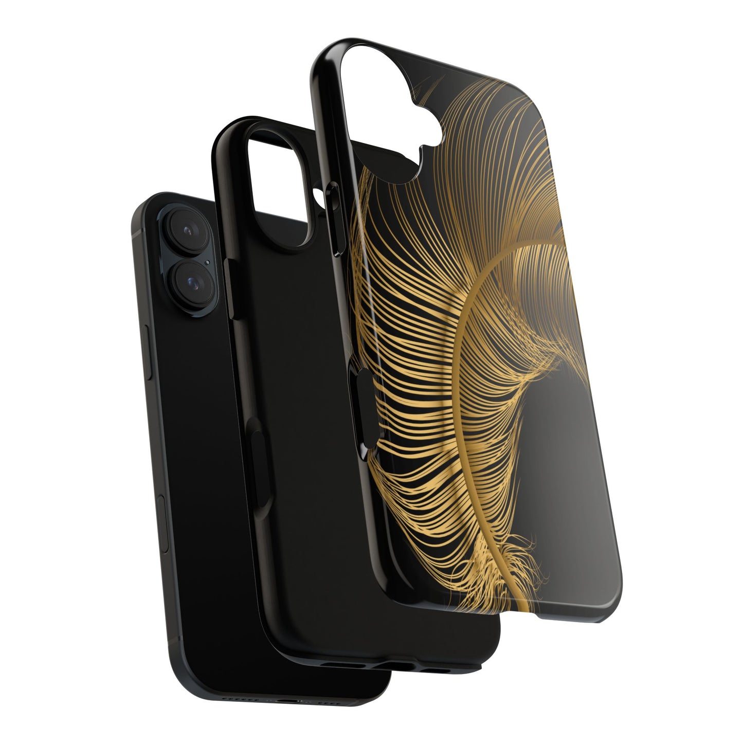 Phone case with gold feather design on black background