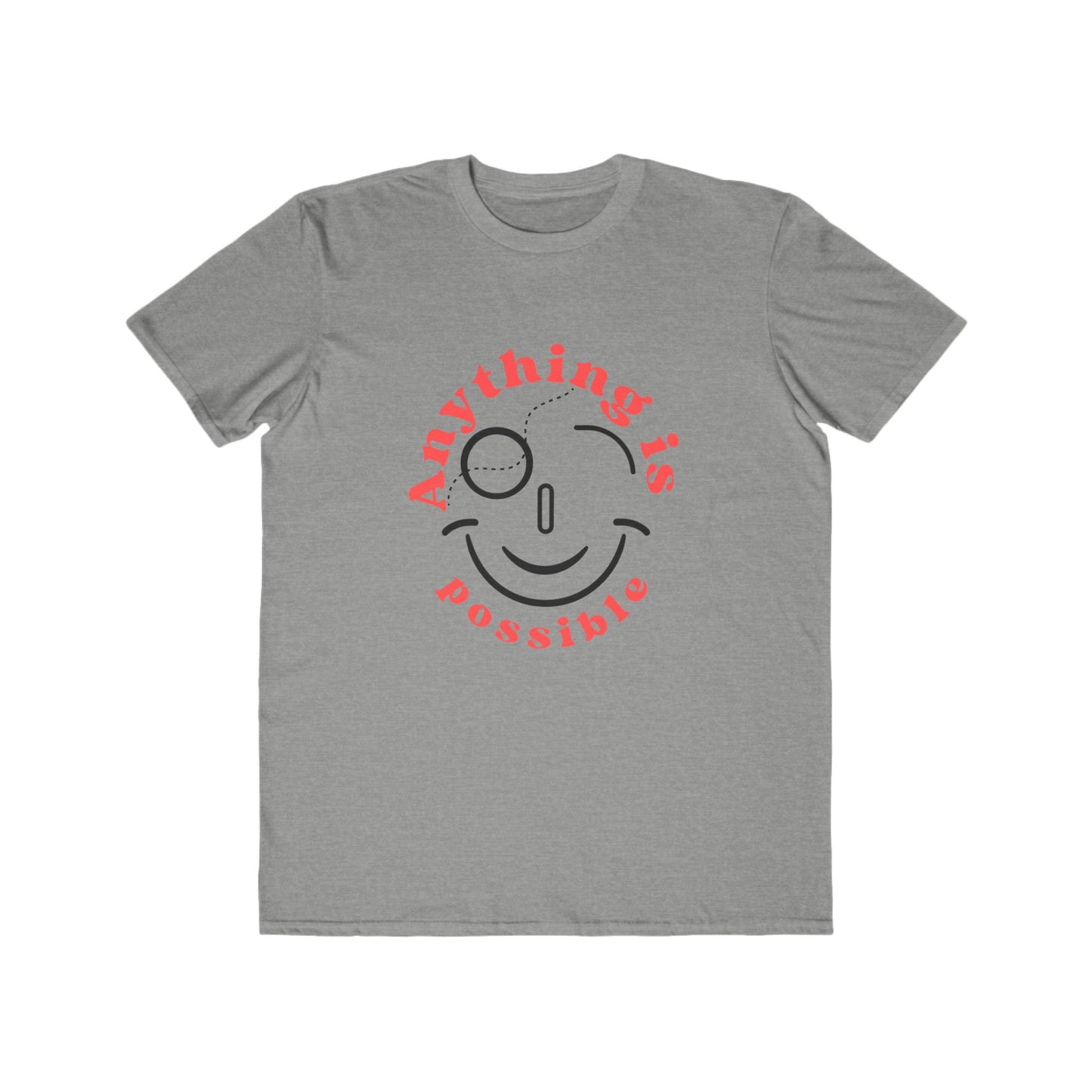 Gray t-shirt with a smiley face and text design on a white background