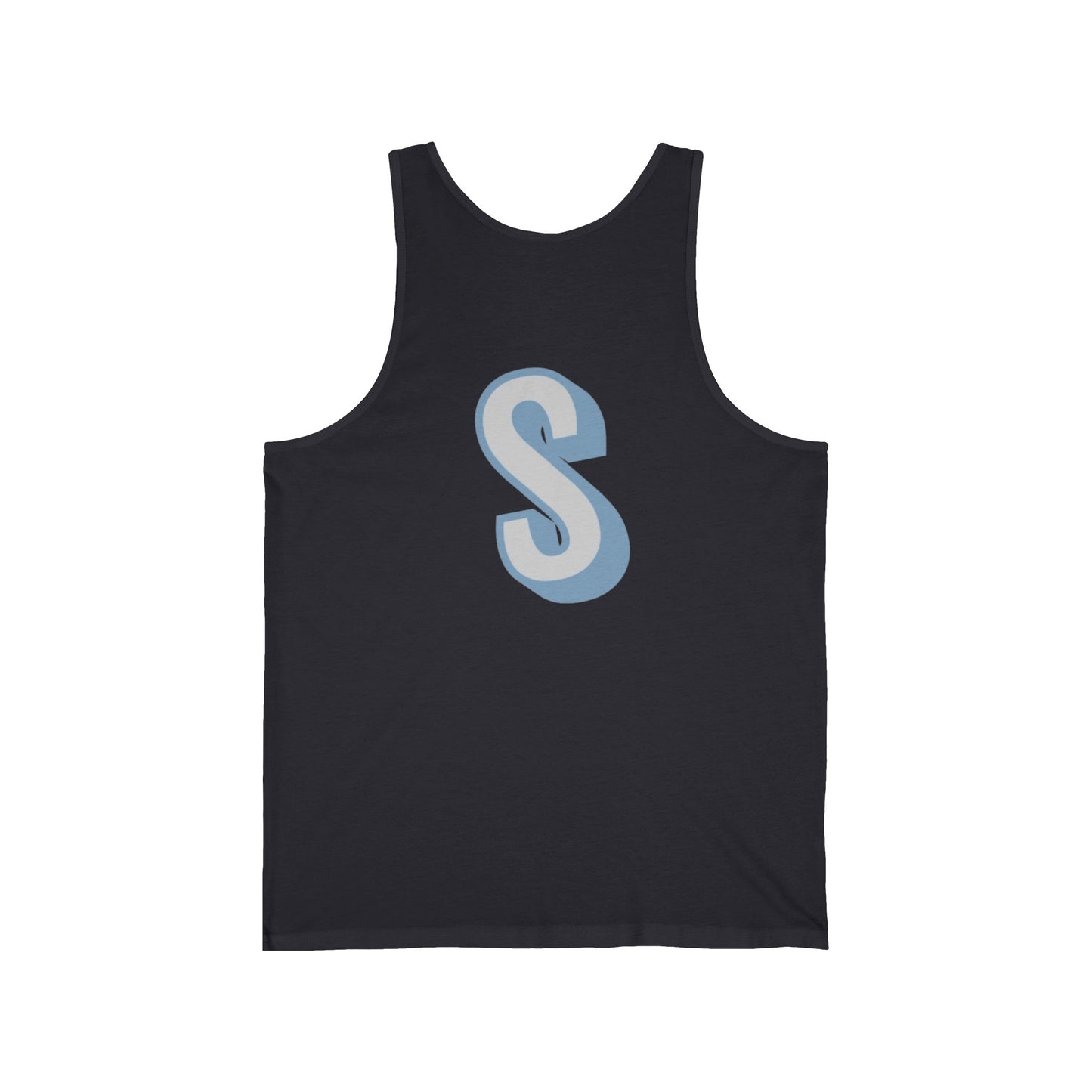 Unisex tank top with a blue 'S' on a white background