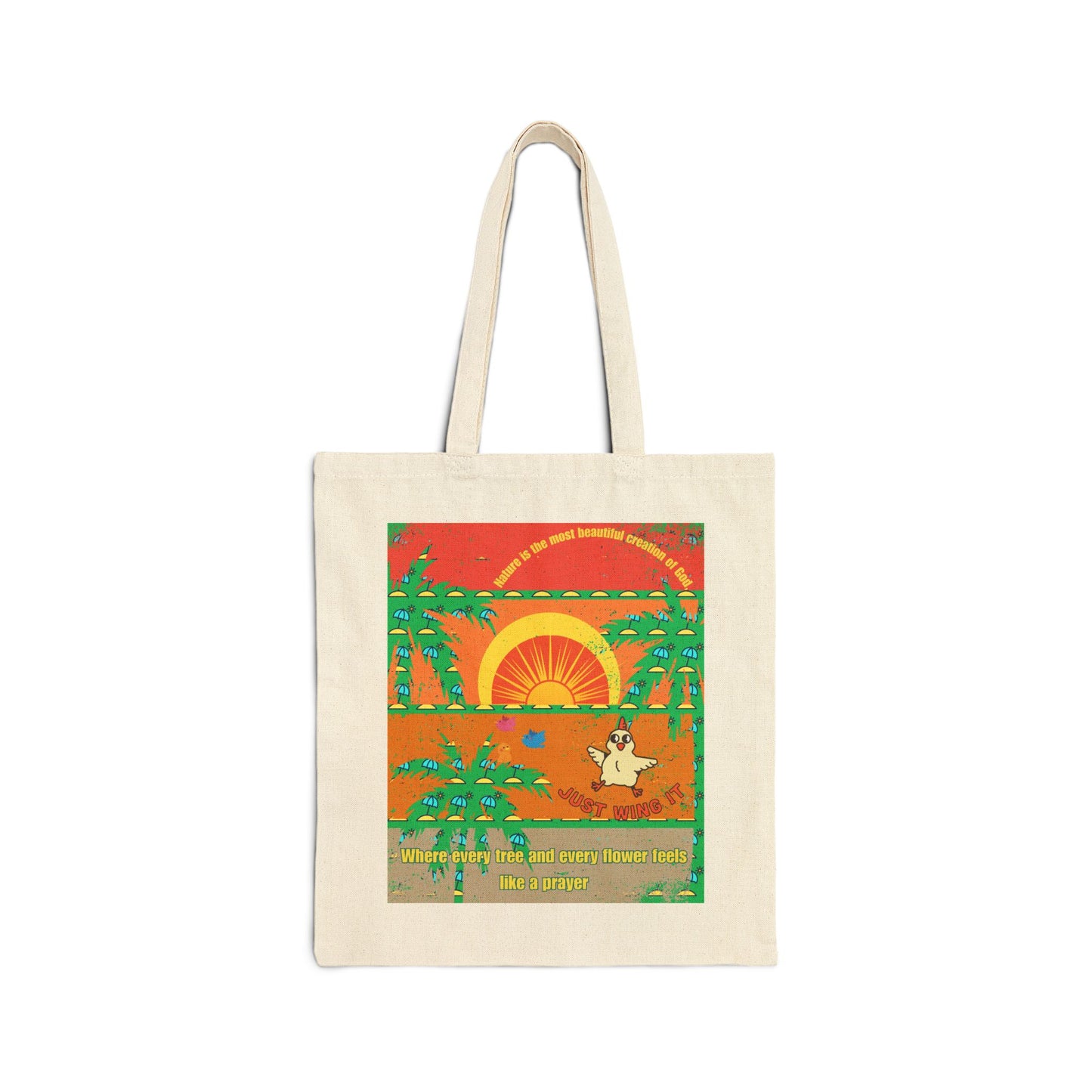 A cotton canvas tote bag with a printed design featuring a sunset, trees, and a character.