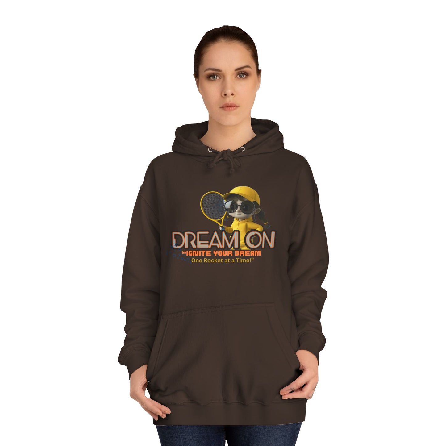 Person wearing a brown hoodie with a graphic design