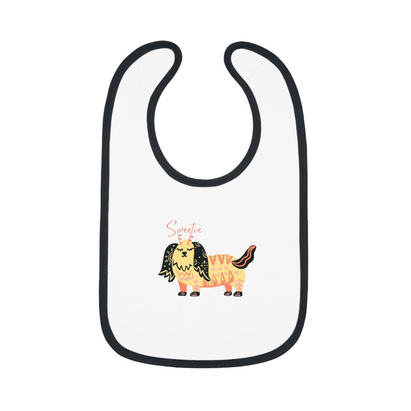white sweetie bib with cute dog print designed for comfort and functionality