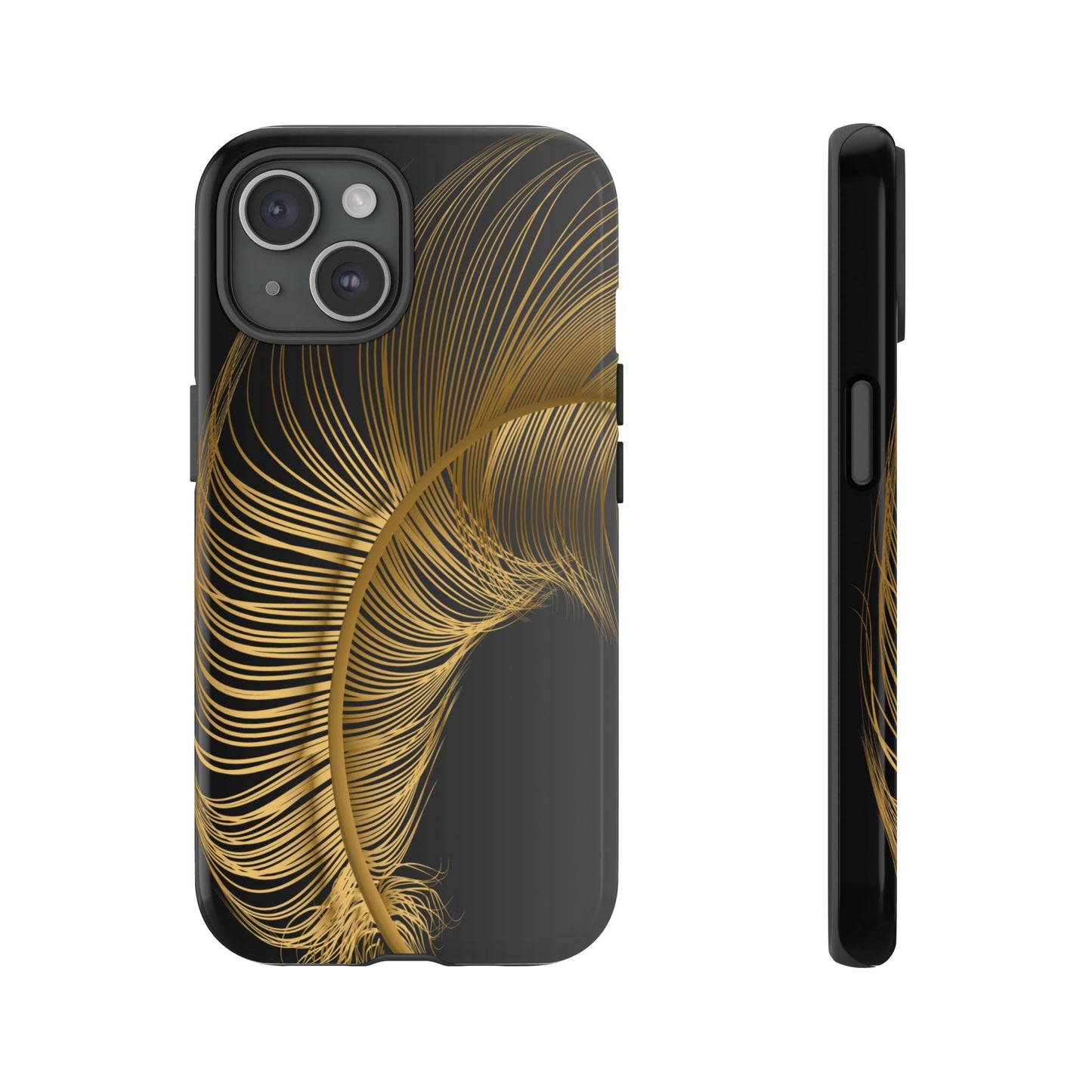 glossy black i phone 15 case with golden feather design-elegant and potective