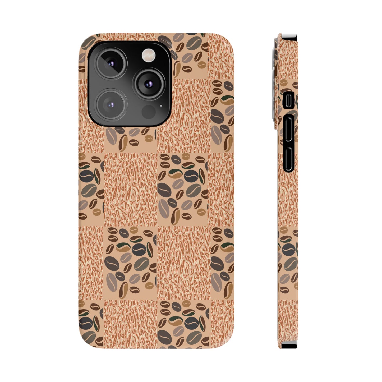 A mobile phone case with a geometric pattern featuring coffee beans on a beige background, designed for iPhone 16 pro series models.