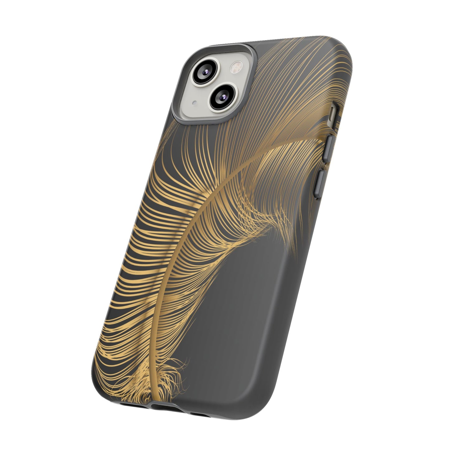 Phone case with gold feather design on black background