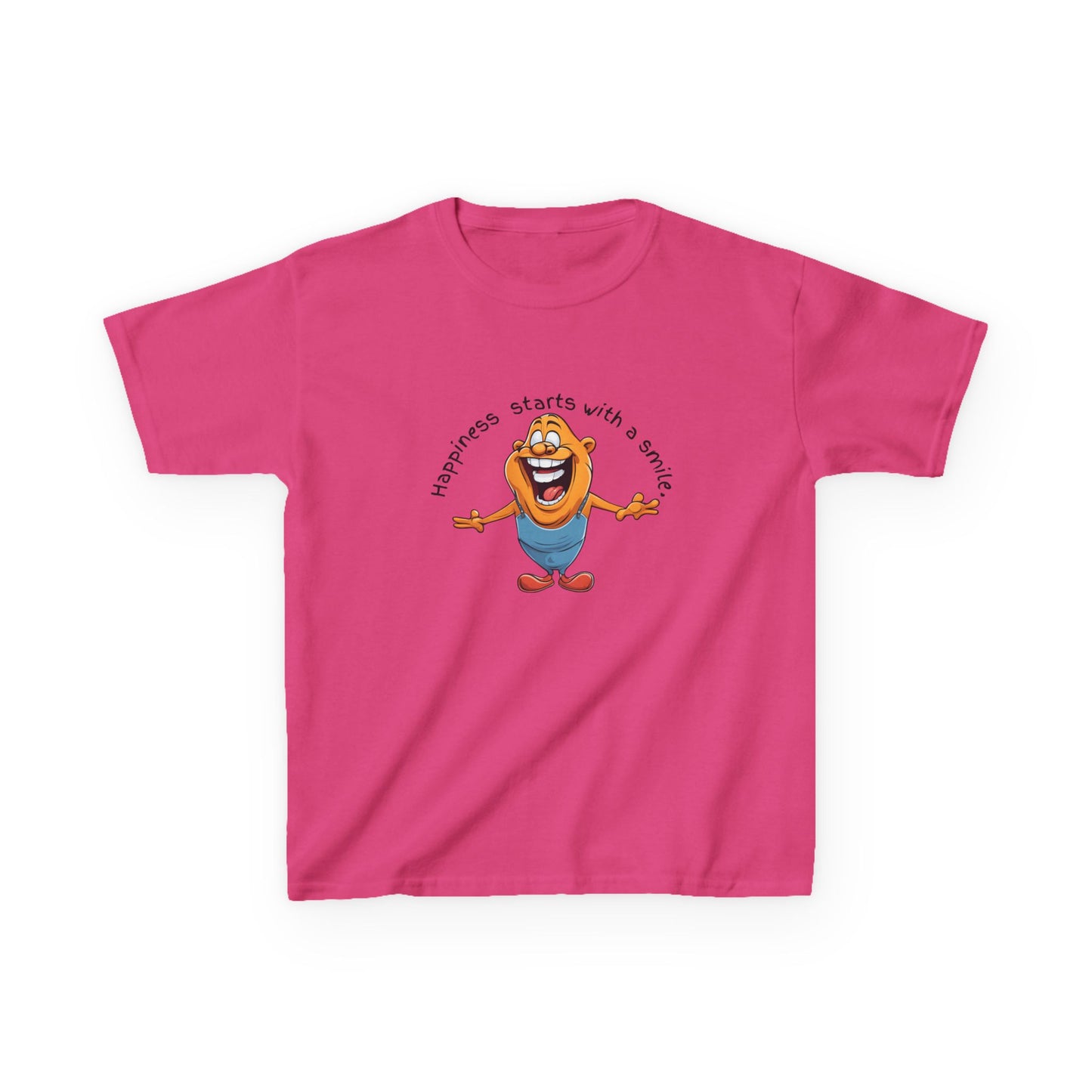 Kids cotton t-shirt with cute cartoon character and “Happiness Starts with a Smile” text