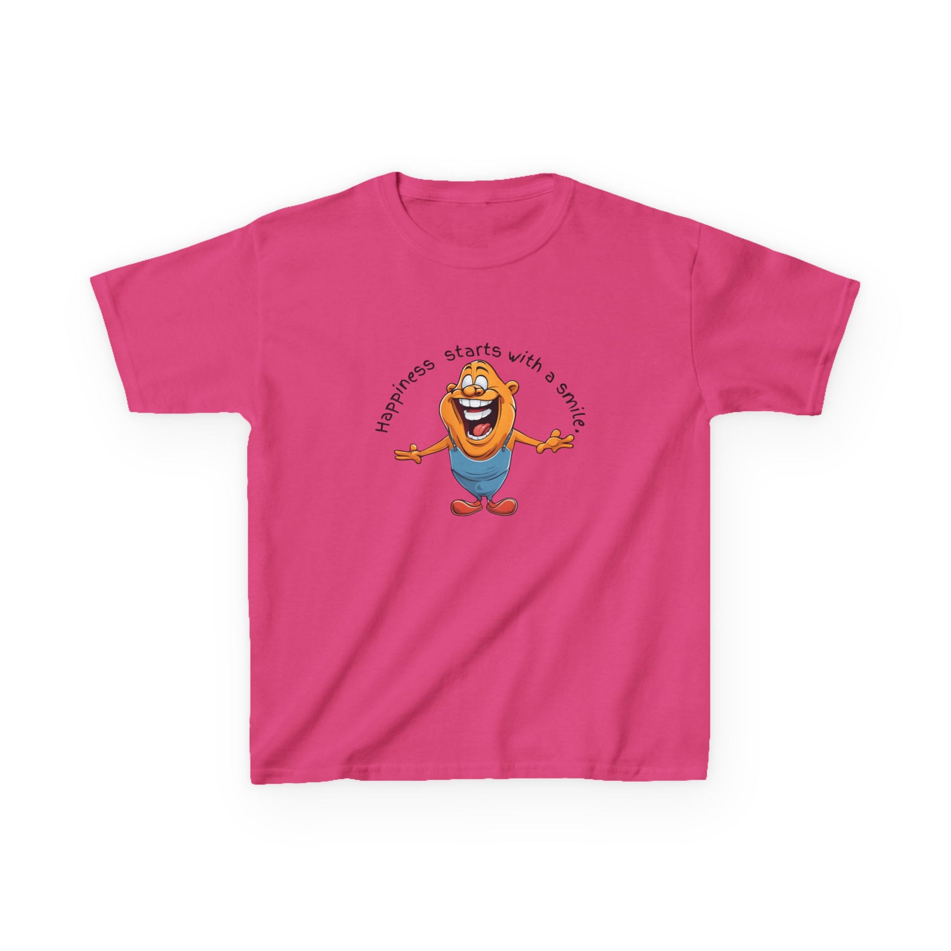 Kids cotton t-shirt with cute cartoon character and “Happiness Starts with a Smile” text