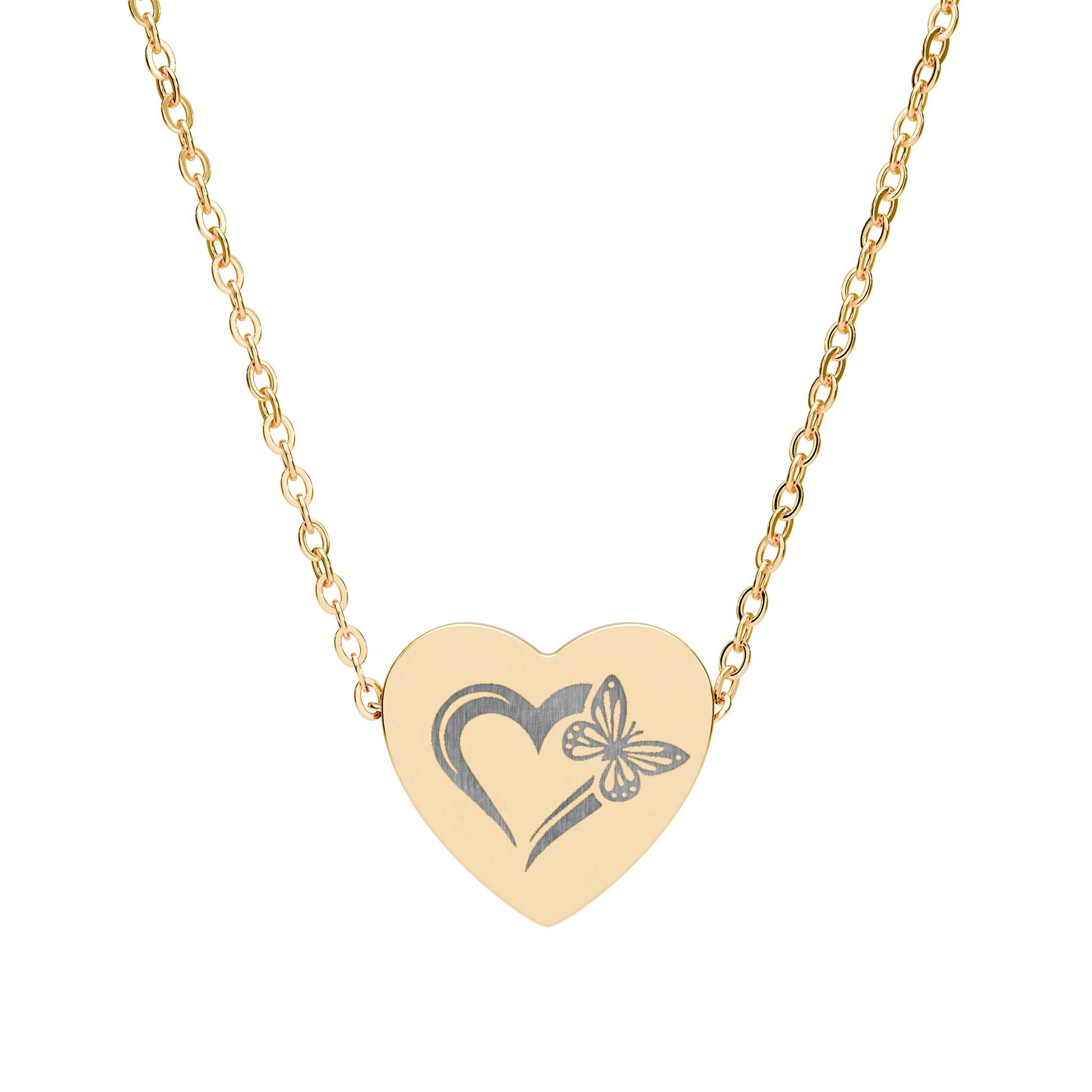 Gold heart-shaped necklace with a butterfly design on a white background