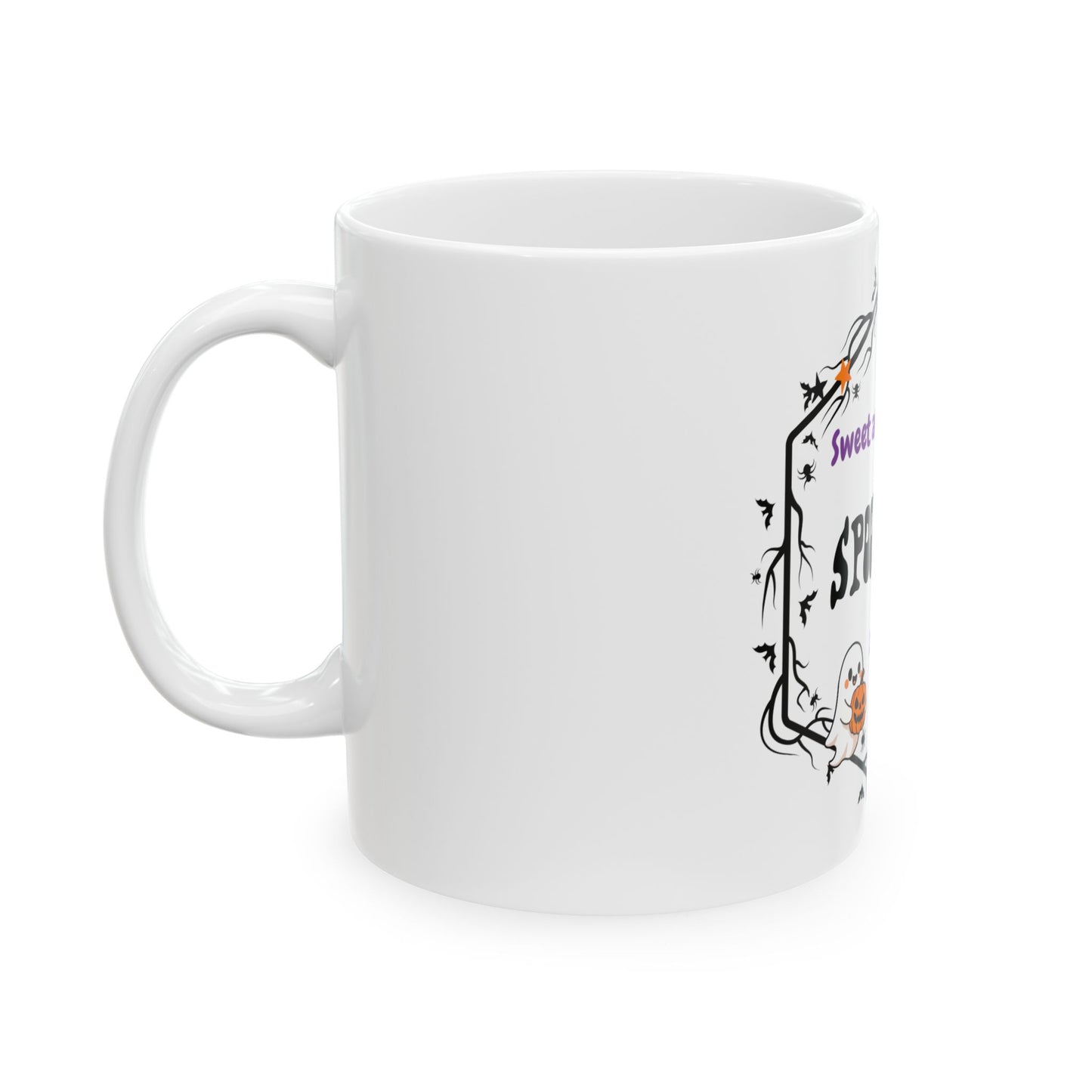A white ceramic mug with a black gothic-style decorative border graphic and stylized text on the side, shown against a plain white background.