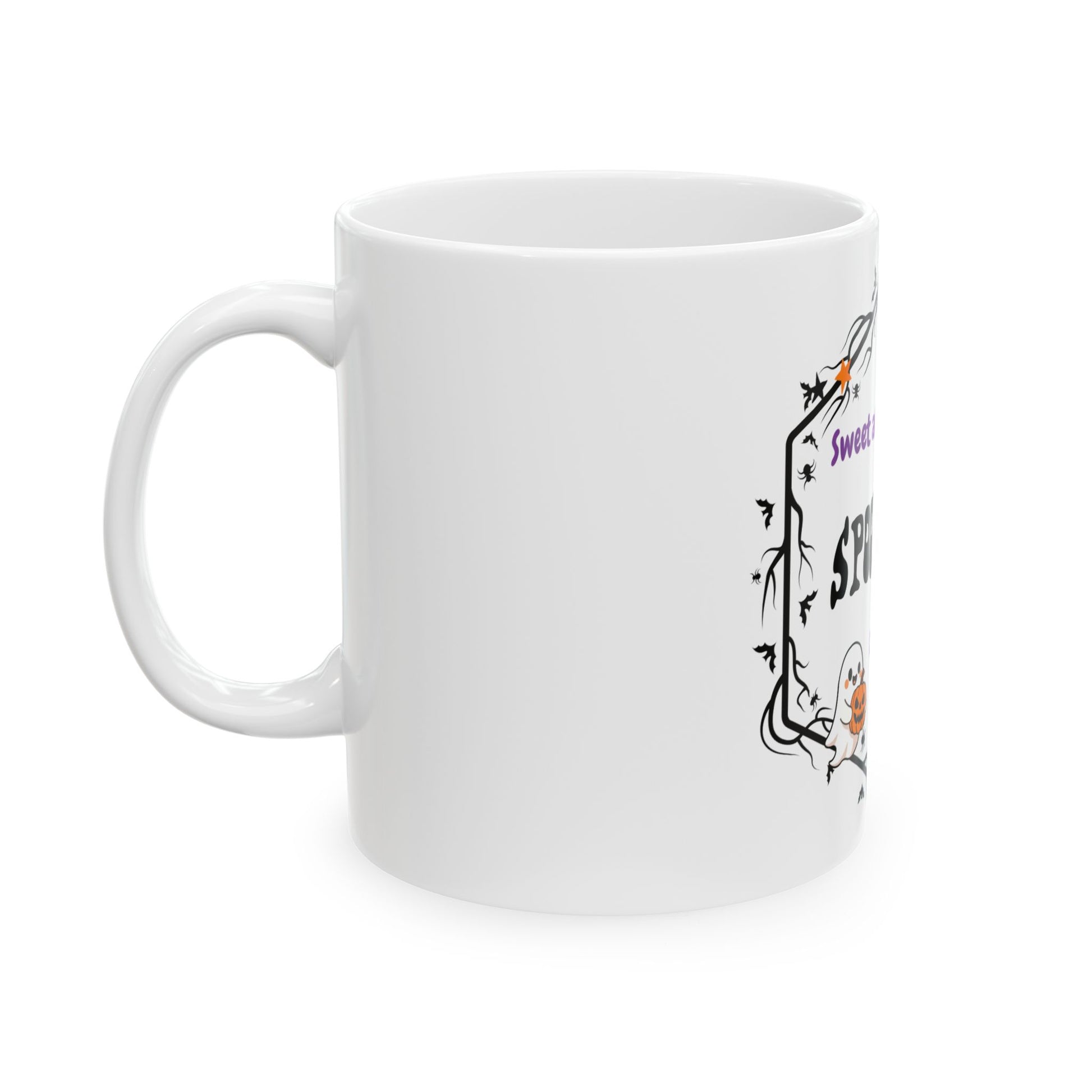 A white ceramic mug with a black gothic-style decorative border graphic and stylized text on the side, shown against a plain white background.