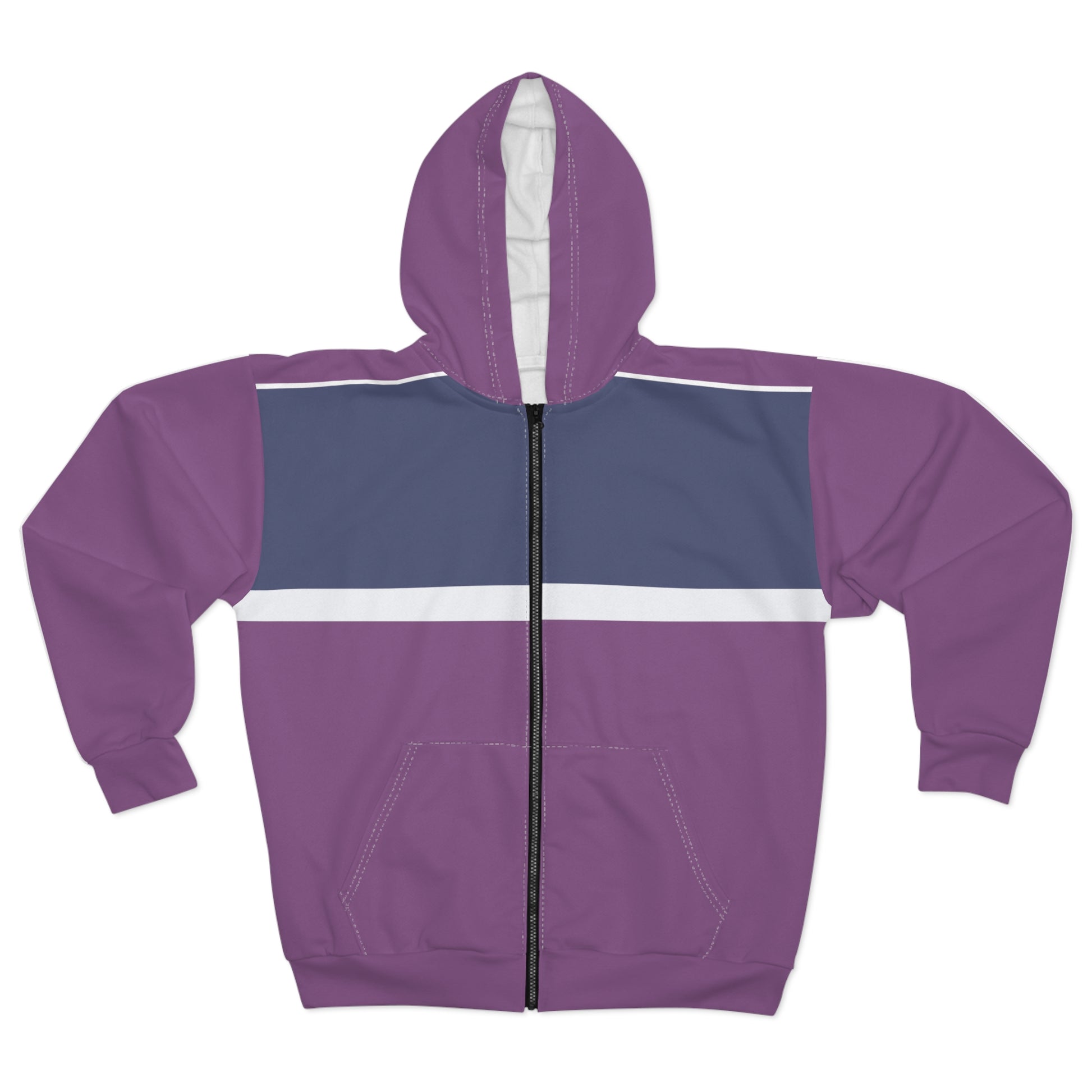 A purple zip-up hoodie with a color-blocked design featuring a navy blue chest panel and a white horizontal stripe, shown on a plain white background.