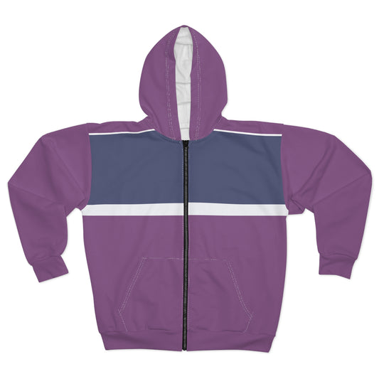 A purple zip-up hoodie with a color-blocked design featuring a navy blue chest panel and a white horizontal stripe, shown on a plain white background.