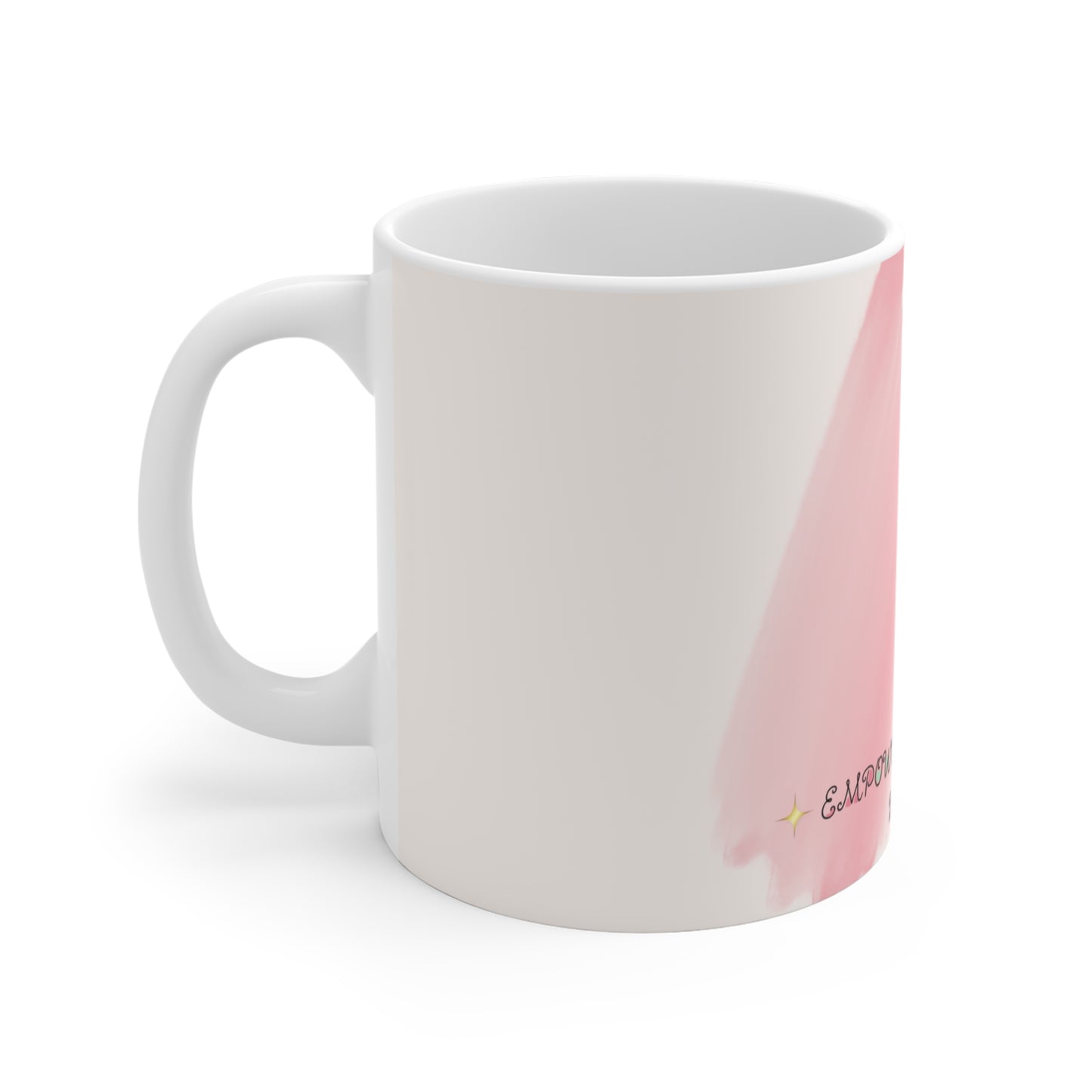 White mug with a pink and gold design on a white background