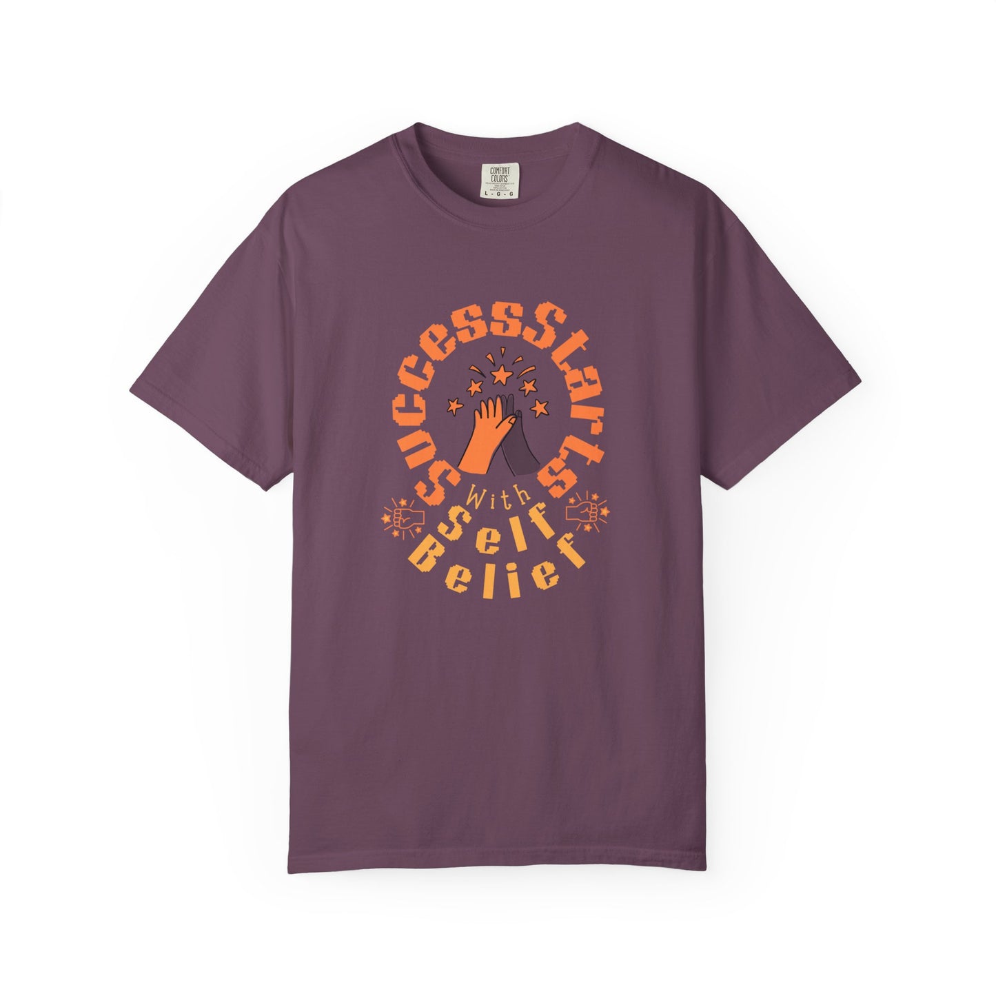 Purple t-shirt with motivational quote and graphic on a white background