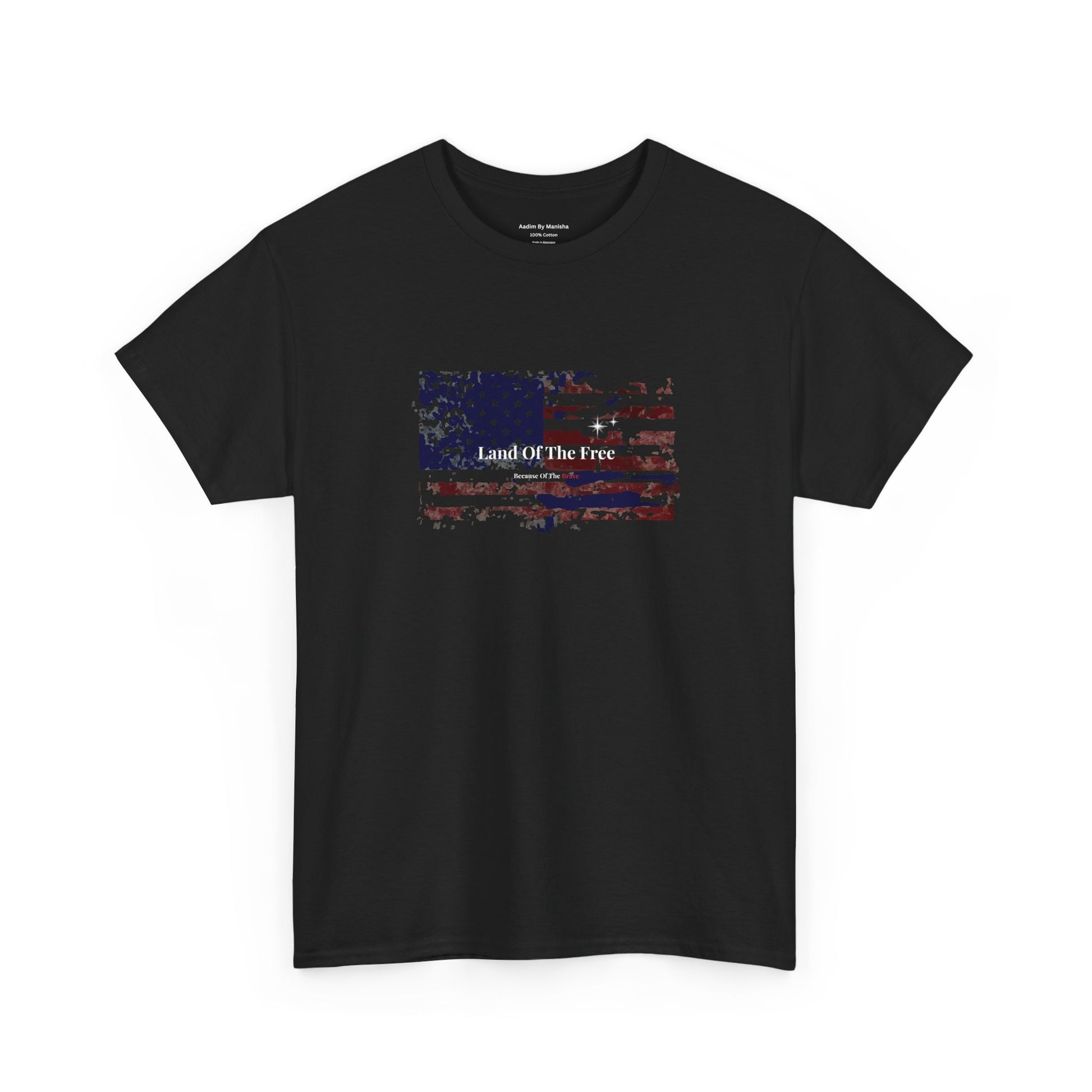 Black t-shirt with American flag design and text on a white background