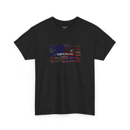 Black t-shirt with American flag design and text on a white background