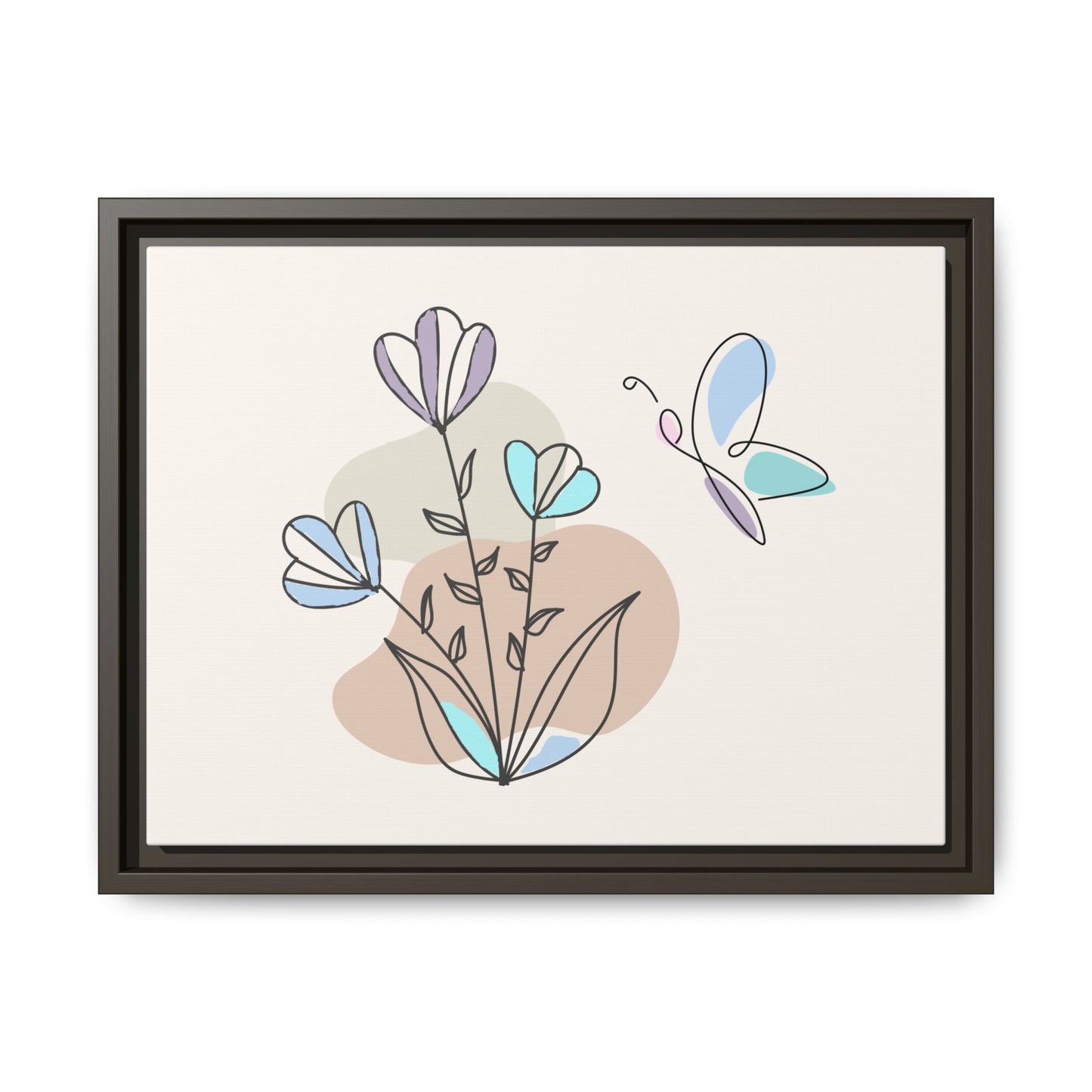 Framed artwork with abstract flowers and butterfly on a beige background