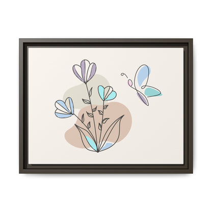 Framed artwork with abstract flowers and butterfly on a beige background