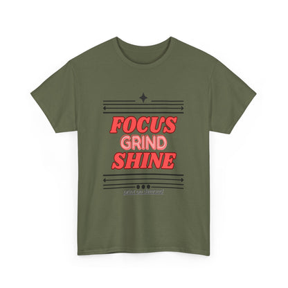 Military Green t-shirt with red text 'Focus Grind Shine' on a white background