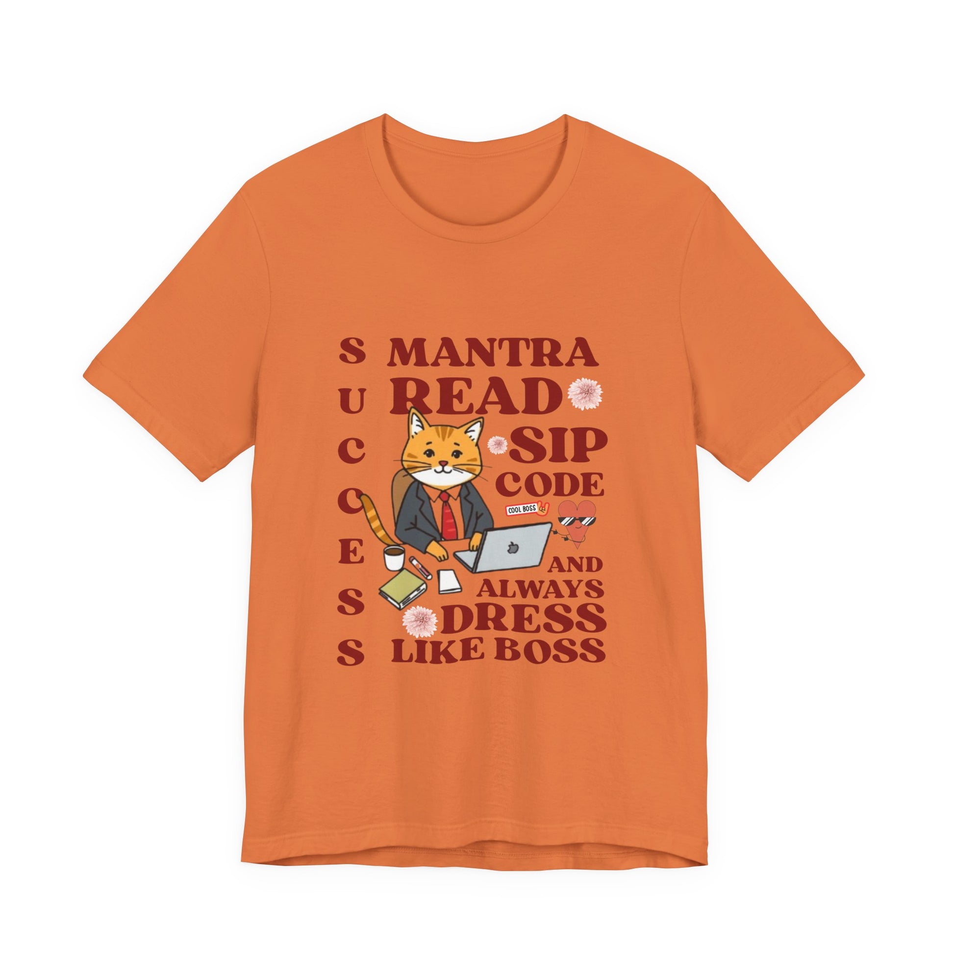 Orange t-shirt with a graphic of a cat and text on a white background