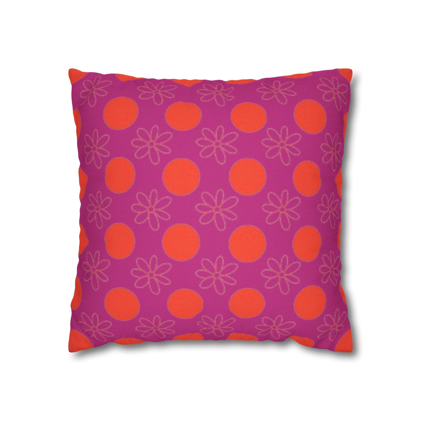 A square-shaped pillowcase with a pattern of orange circles and flowers on a purple background.