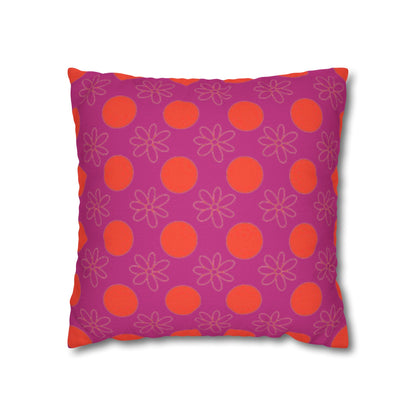 A square-shaped pillowcase with a pattern of orange circles and flowers on a purple background.