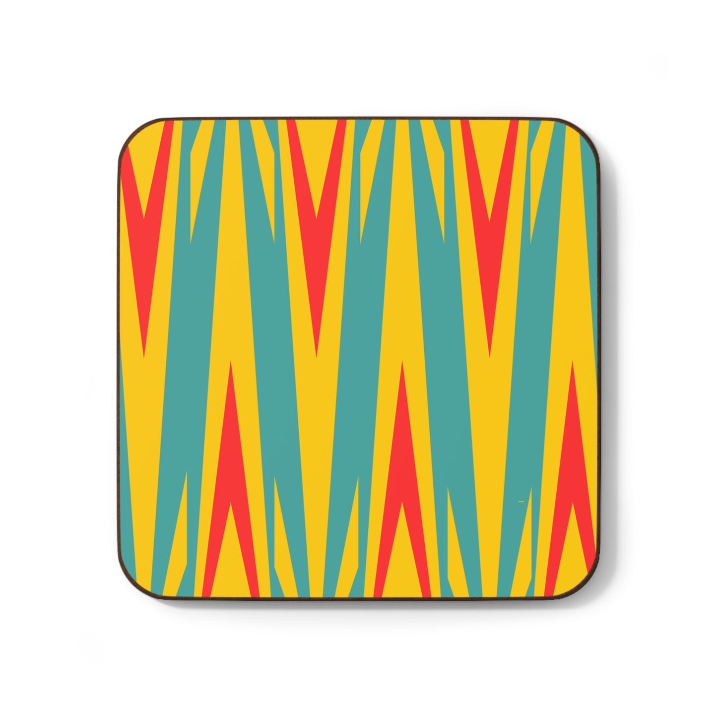 Hardboard coaster featuring a modern geometric design in bold patterns and vibrant colors