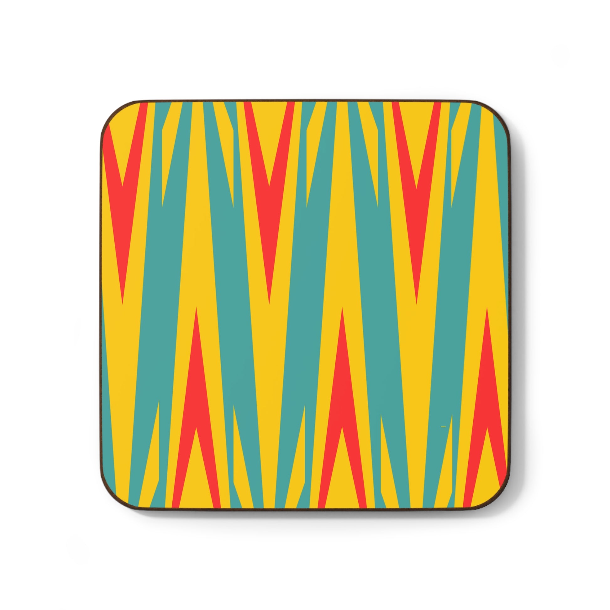 Hardboard coaster featuring a modern geometric design in bold patterns and vibrant colors