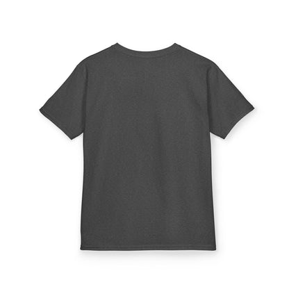Back view of a plain dark gray t-shirt on a white background