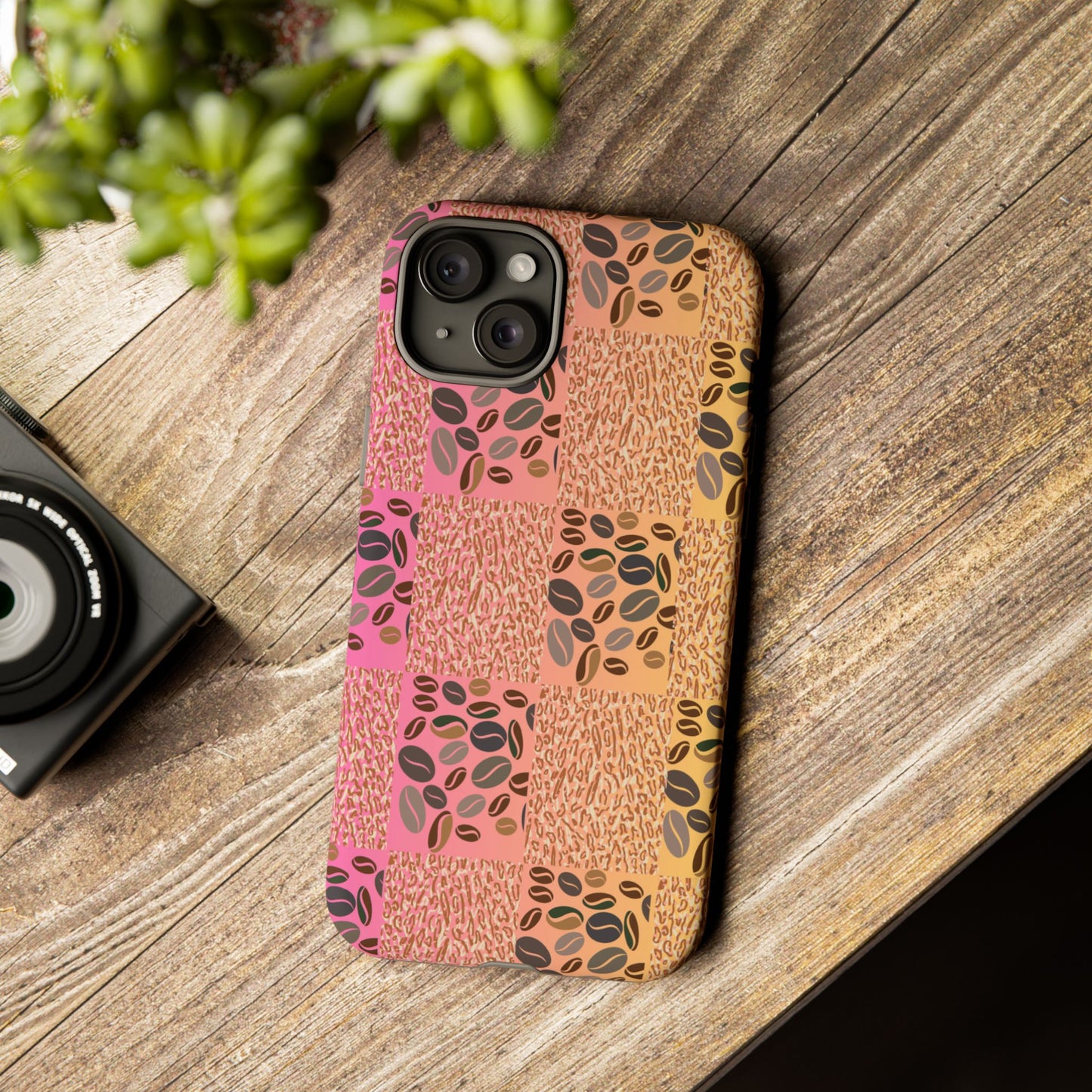 Tough Phone Case – Coffee Bean & Tiger Print with Gradient Background