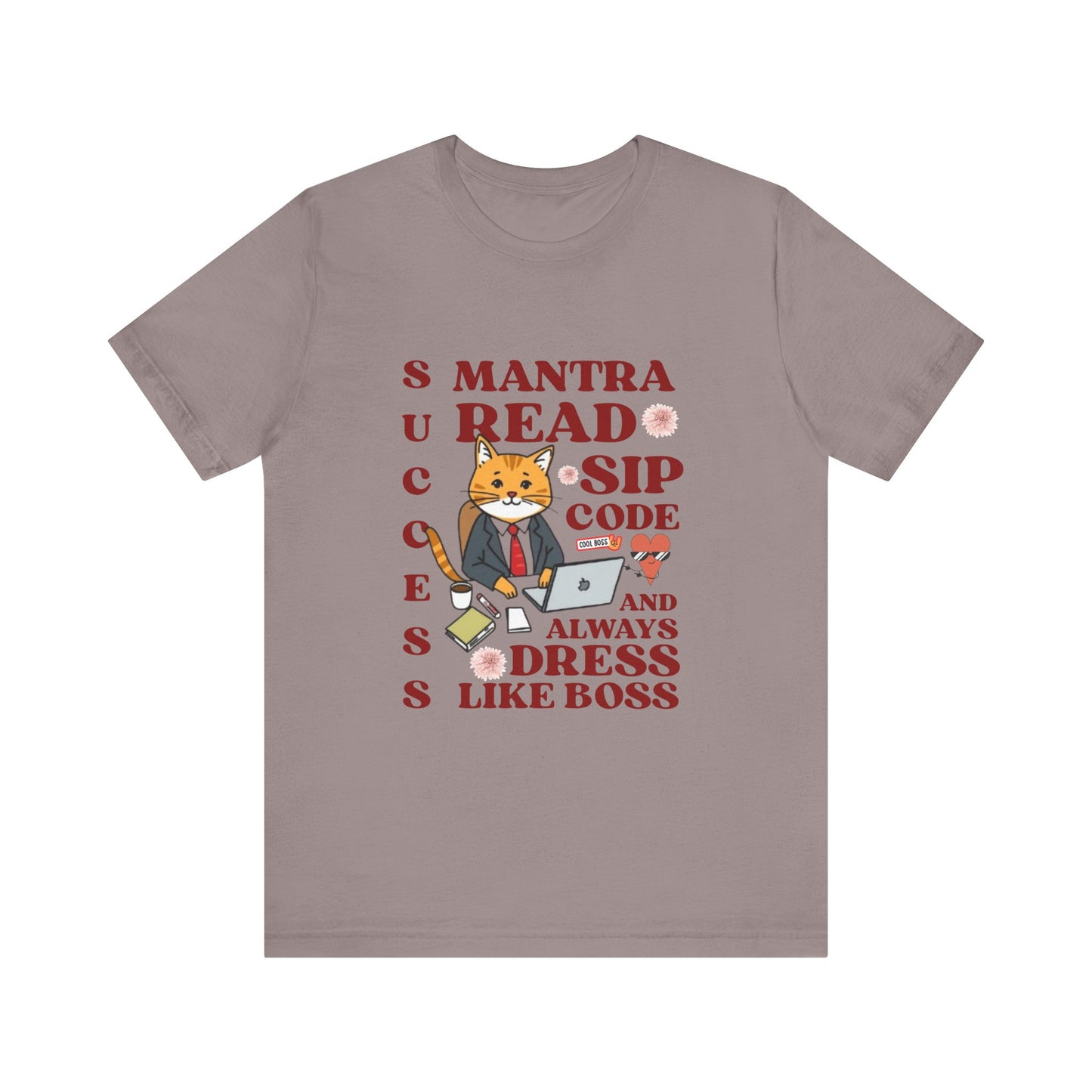 Pebble brown t-shirt with a graphic of a cat and text on a white background
