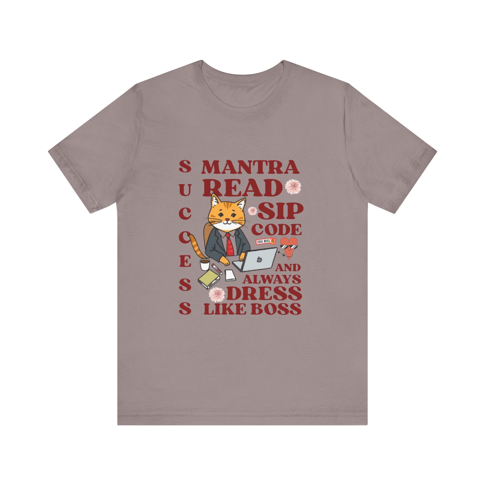 Pebble brown t-shirt with a graphic of a cat and text on a white background