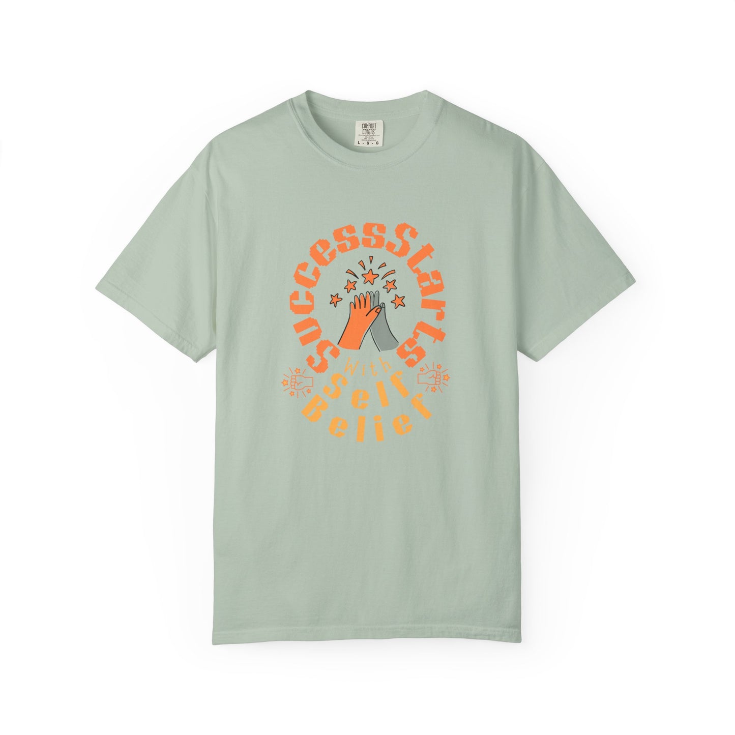 Mint green t-shirt with orange graphic design on a white background