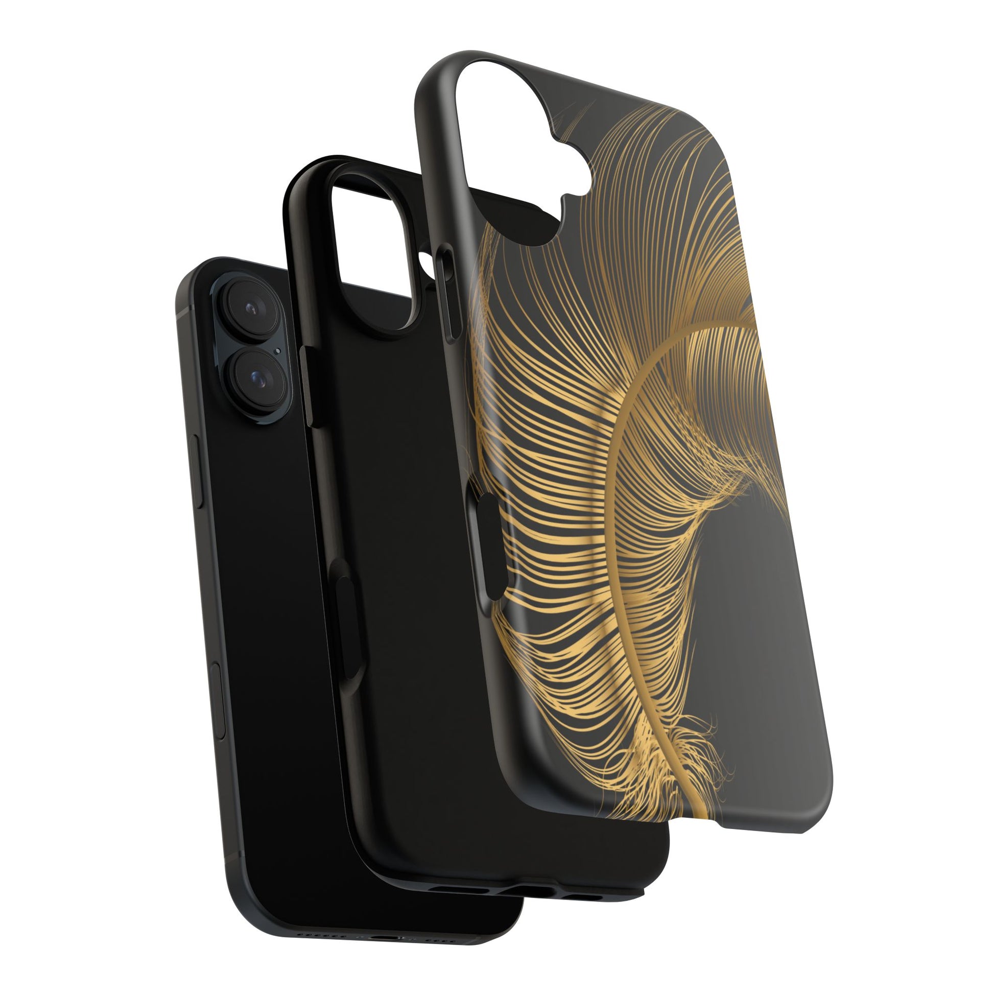 Phone case with gold feather design on black background