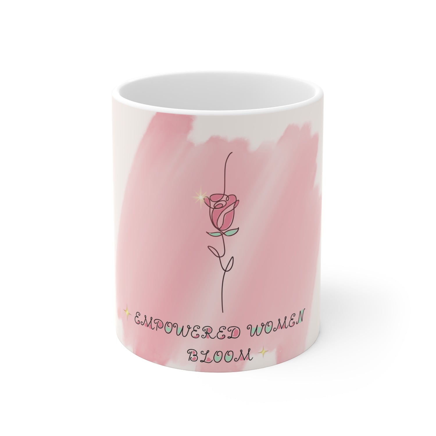 Mug with pink rose design and 'Empowered Women Bloom' text on a white background