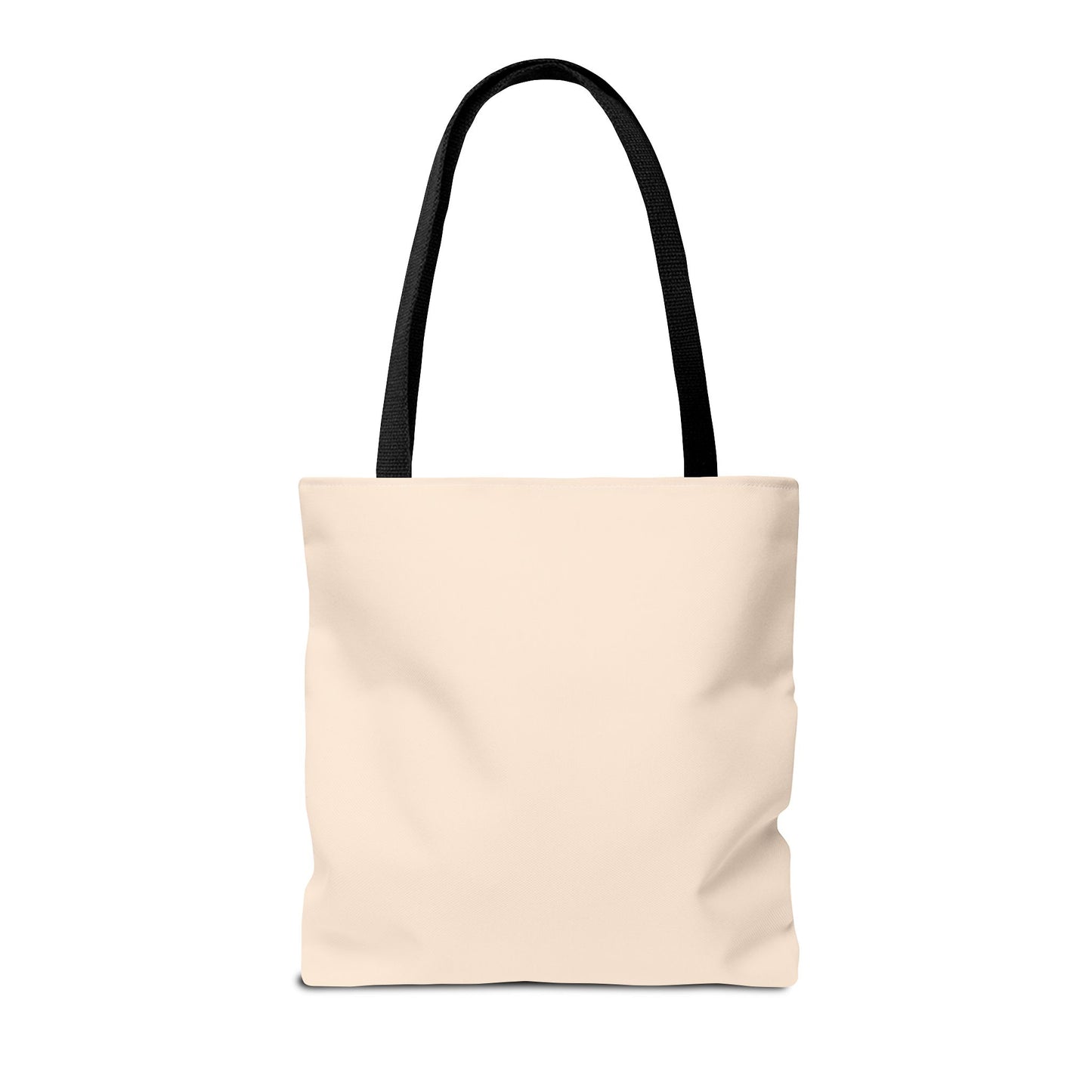 Beige tote bag with black handles on a white background