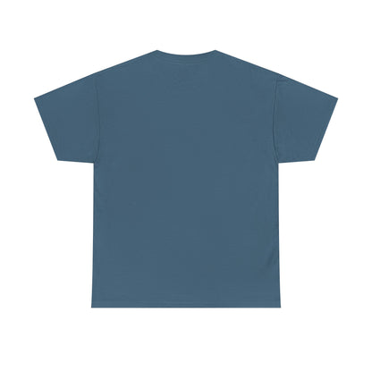 Indigo blue t-shirt with a logo on the back against a white background