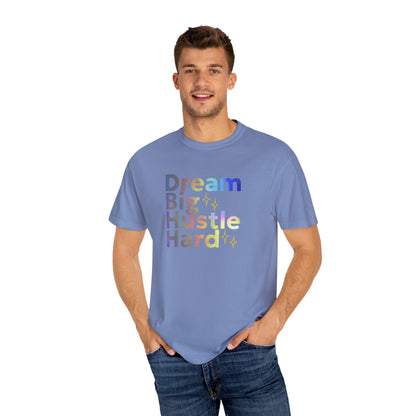 Man wearing a blue t-shirt with motivational text on a white background