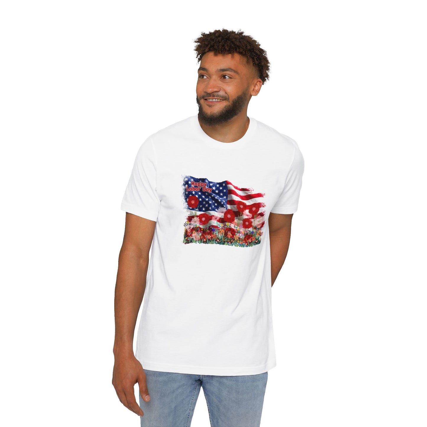 Watercolor American flag decorated with patriotic red and white flowers and Happy Labor Day text, perfect for celebrating the USA Labor Day holiday.