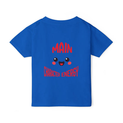 Kawaii smiley face with curved text Main Character Energy on the back of a baby t-shirt."