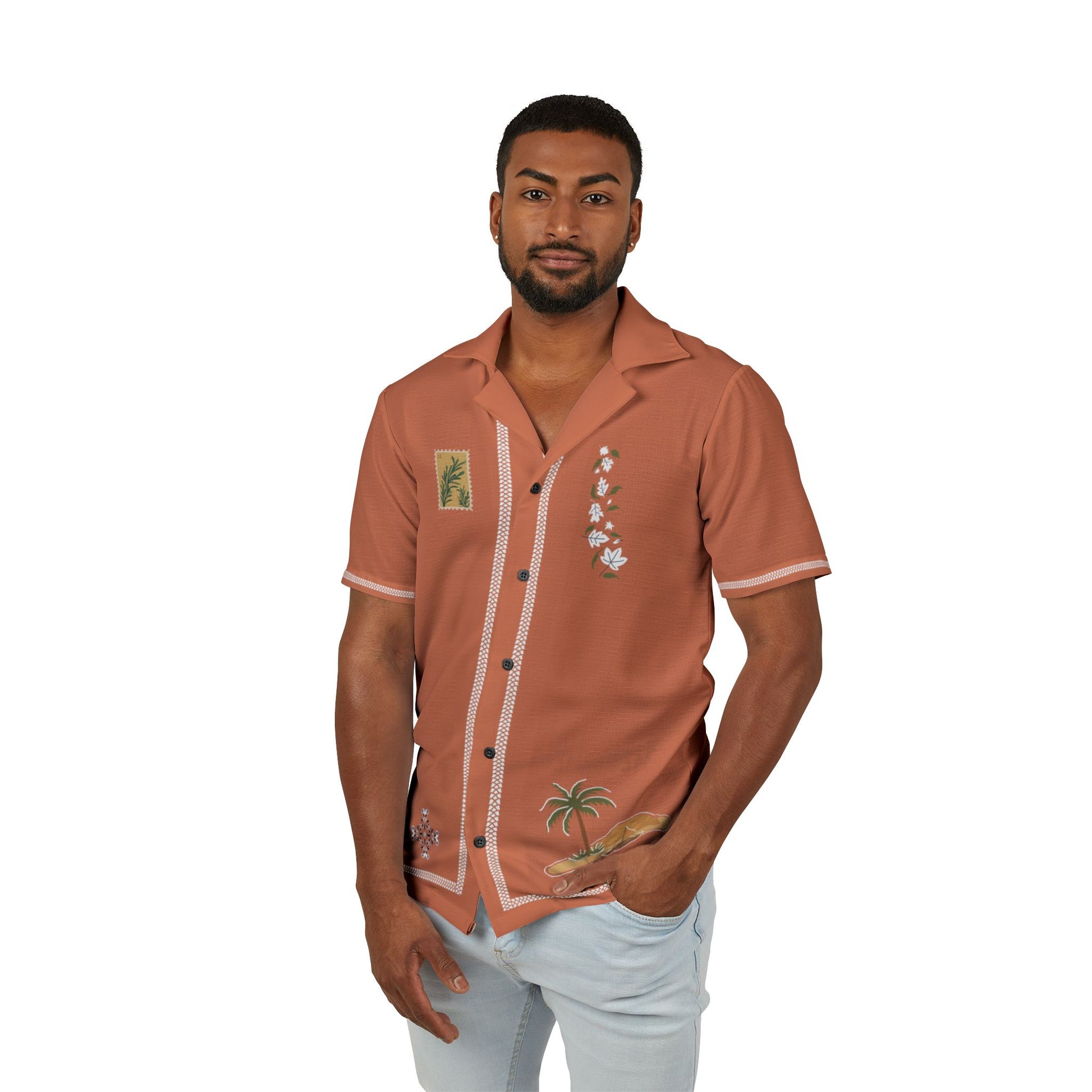 Man wearing a patterned brown shirt on a white background